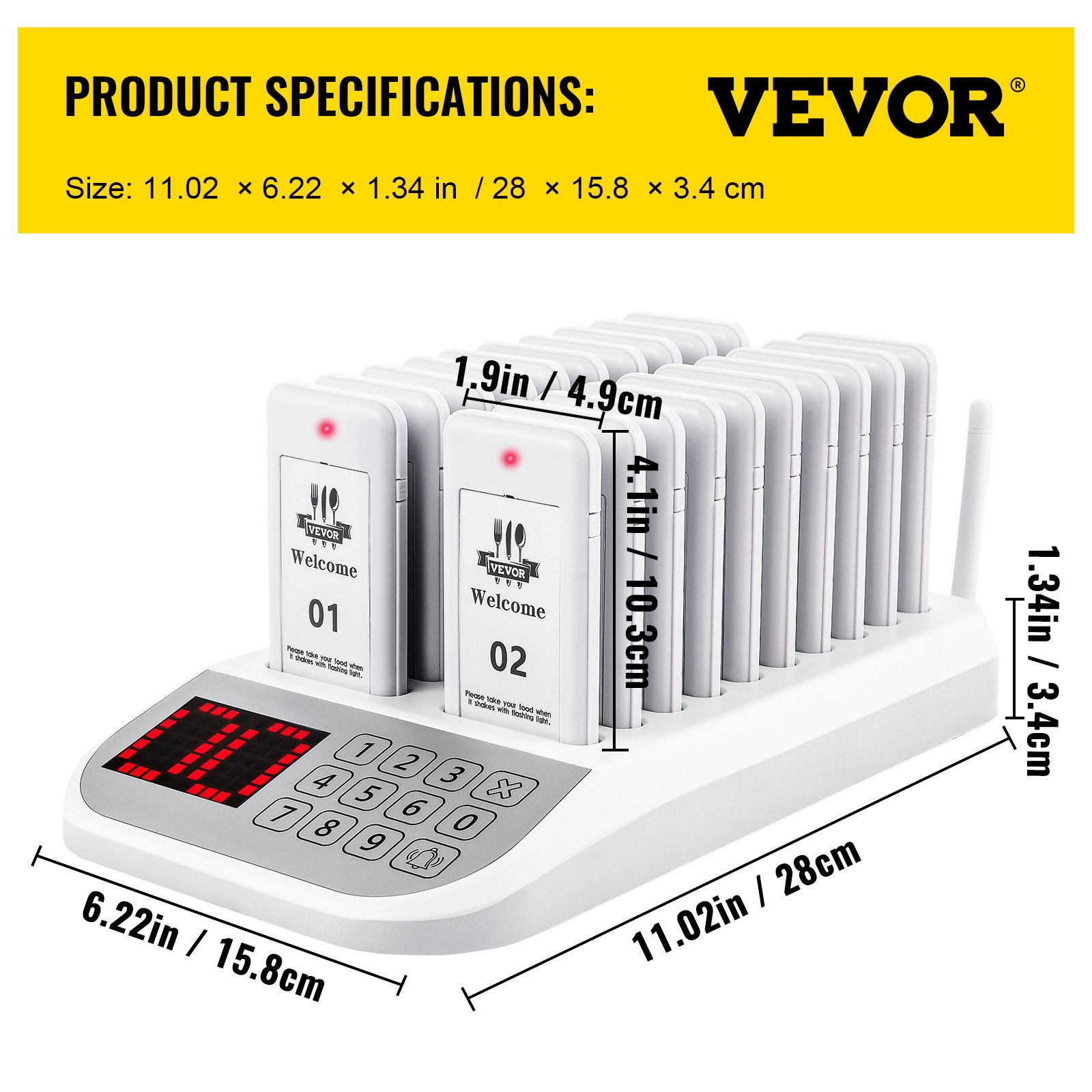 Sistema de buscapersonas para restaurante VEVOR con 16 buscapersonas y base, dimensiones mostradas en pulgadas y cm.