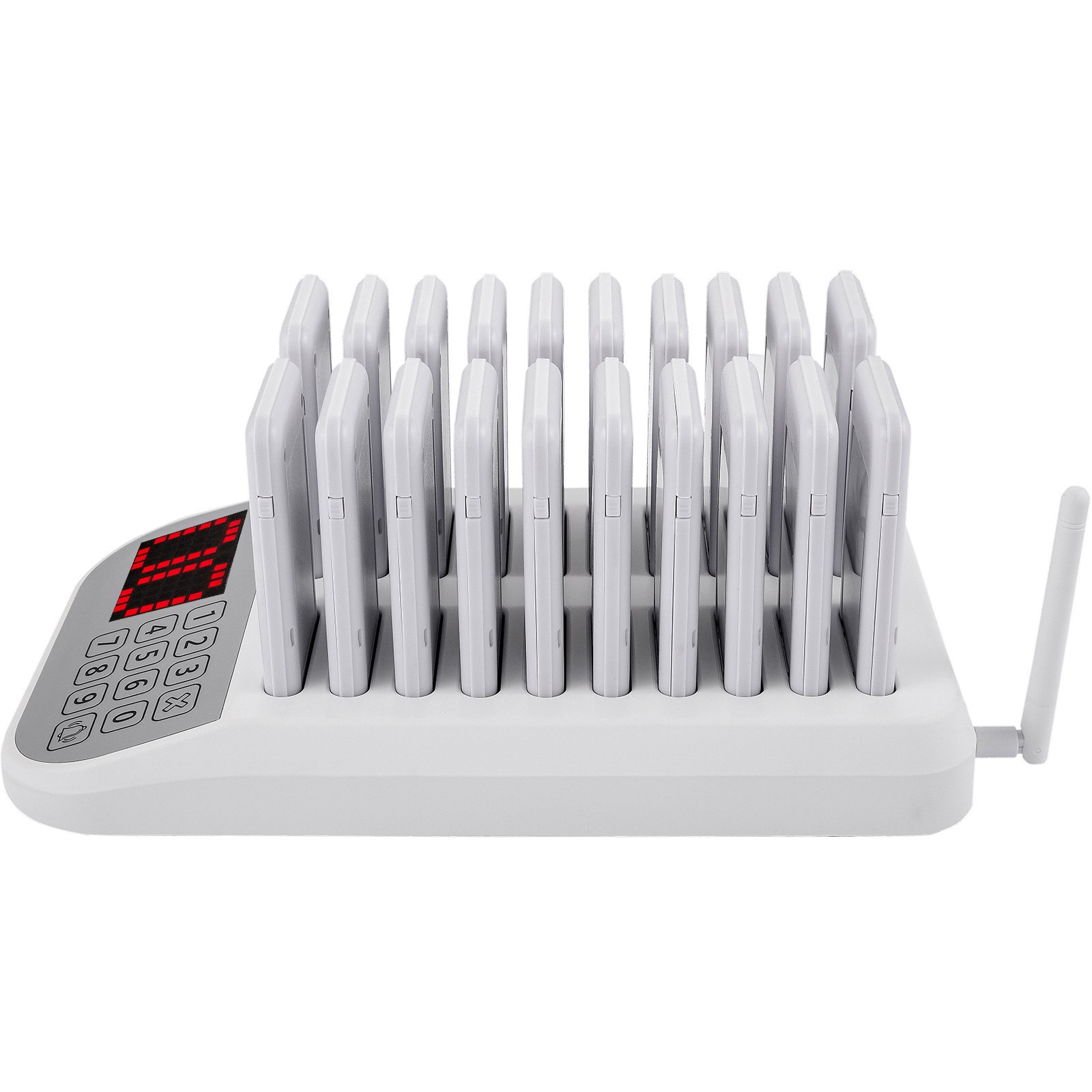 Sistema de buscapersonas para restaurantes VEVOR con 20 elegantes buscapersonas blancos sobre una base de carga.