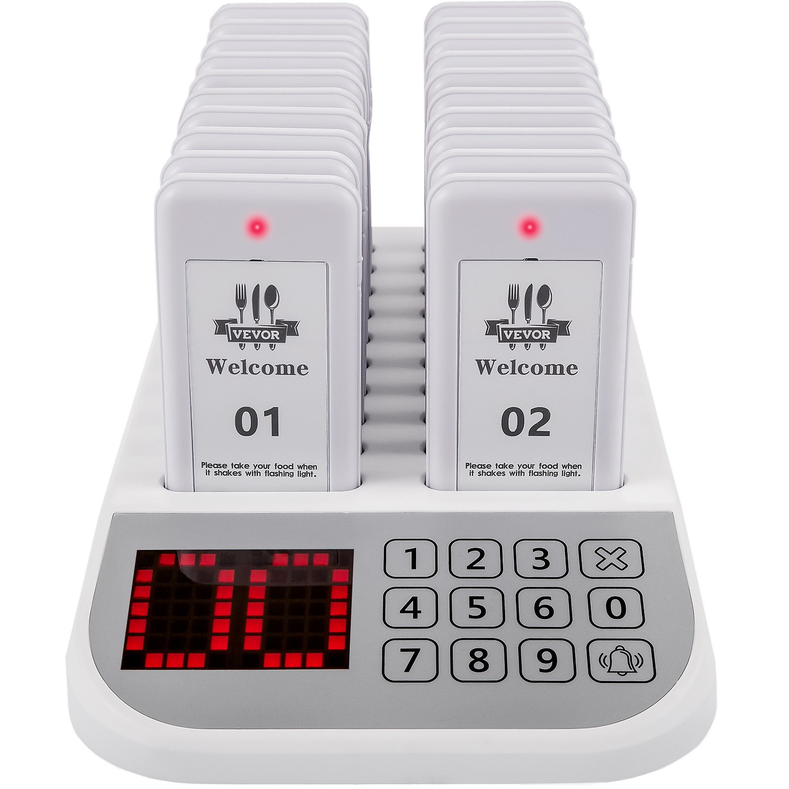 Sistema de buscapersonas para restaurantes VEVOR con teclado digital y varios buscapersonas en una base de carga.