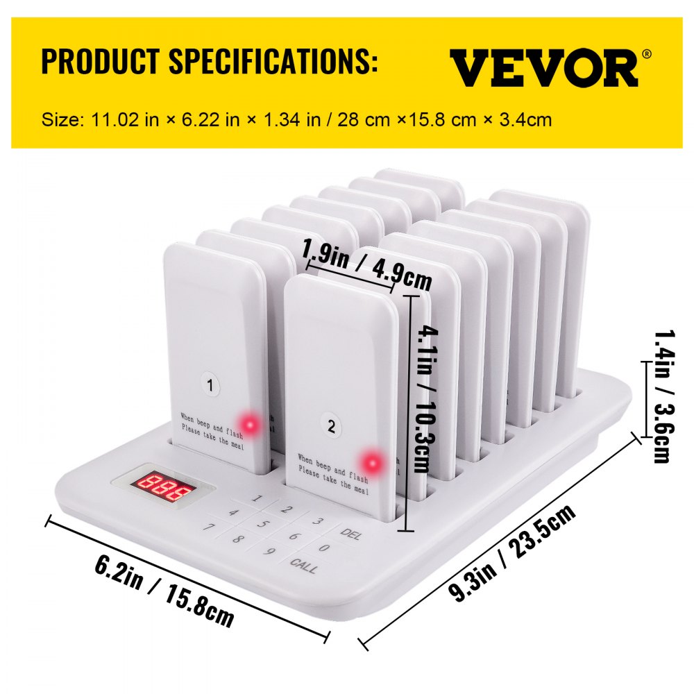 VEVOR Restaurante Buscapersonas 16 Posavasos Sistema de buscapersonas Max 98 Buscapersonas de guardería Sistema de llamadas en cola de buscapersonas inalámbrico 350-500m con vibración, parpadeo y zumbador para distancia social Camión de comida Hoteles Cafeterías