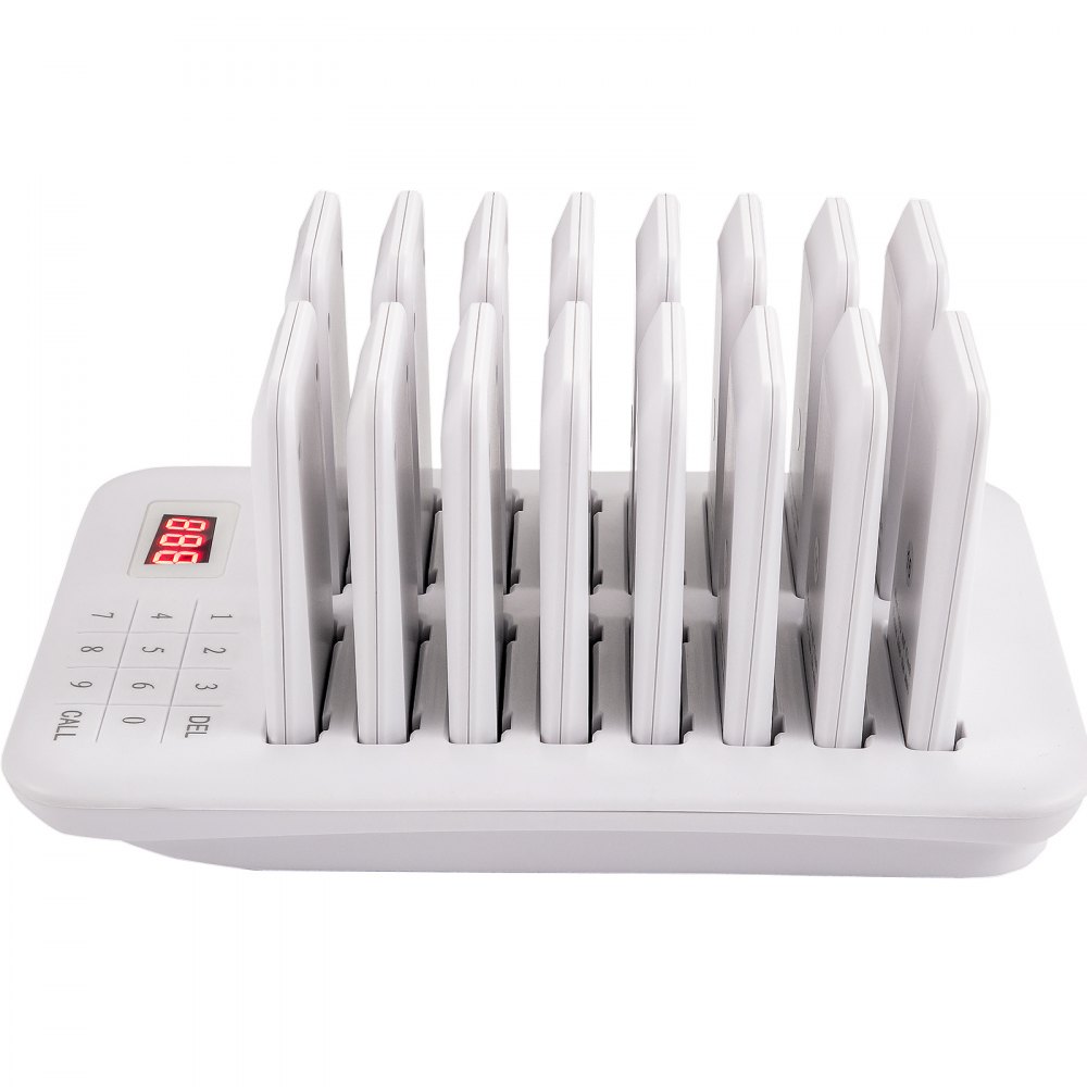 VEVOR Restaurante Buscapersonas 16 Posavasos Sistema de buscapersonas Max 98 Buscapersonas de guardería Sistema de llamadas en cola de buscapersonas inalámbrico 350-500m con vibración, parpadeo y zumbador para distancia social Camión de comida Hoteles Cafeterías