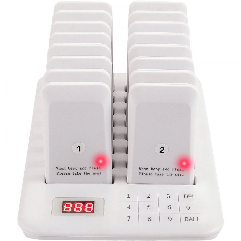 VEVOR Restaurante Buscapersonas 16 Posavasos Sistema de buscapersonas Max 98 Buscapersonas de guardería Sistema de llamadas en cola de buscapersonas inalámbrico 350-500m con vibración, parpadeo y zumbador para distancia social Camión de comida Hoteles Cafeterías