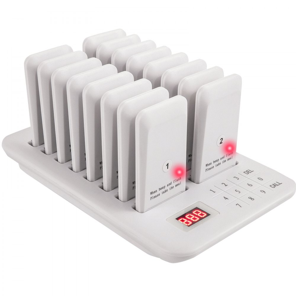 VEVOR Restaurante Buscapersonas 16 Posavasos Sistema de buscapersonas Max 98 Buscapersonas de guardería Sistema de llamadas en cola de buscapersonas inalámbrico 350-500m con vibración, parpadeo y zumbador para distancia social Camión de comida Hoteles Cafeterías