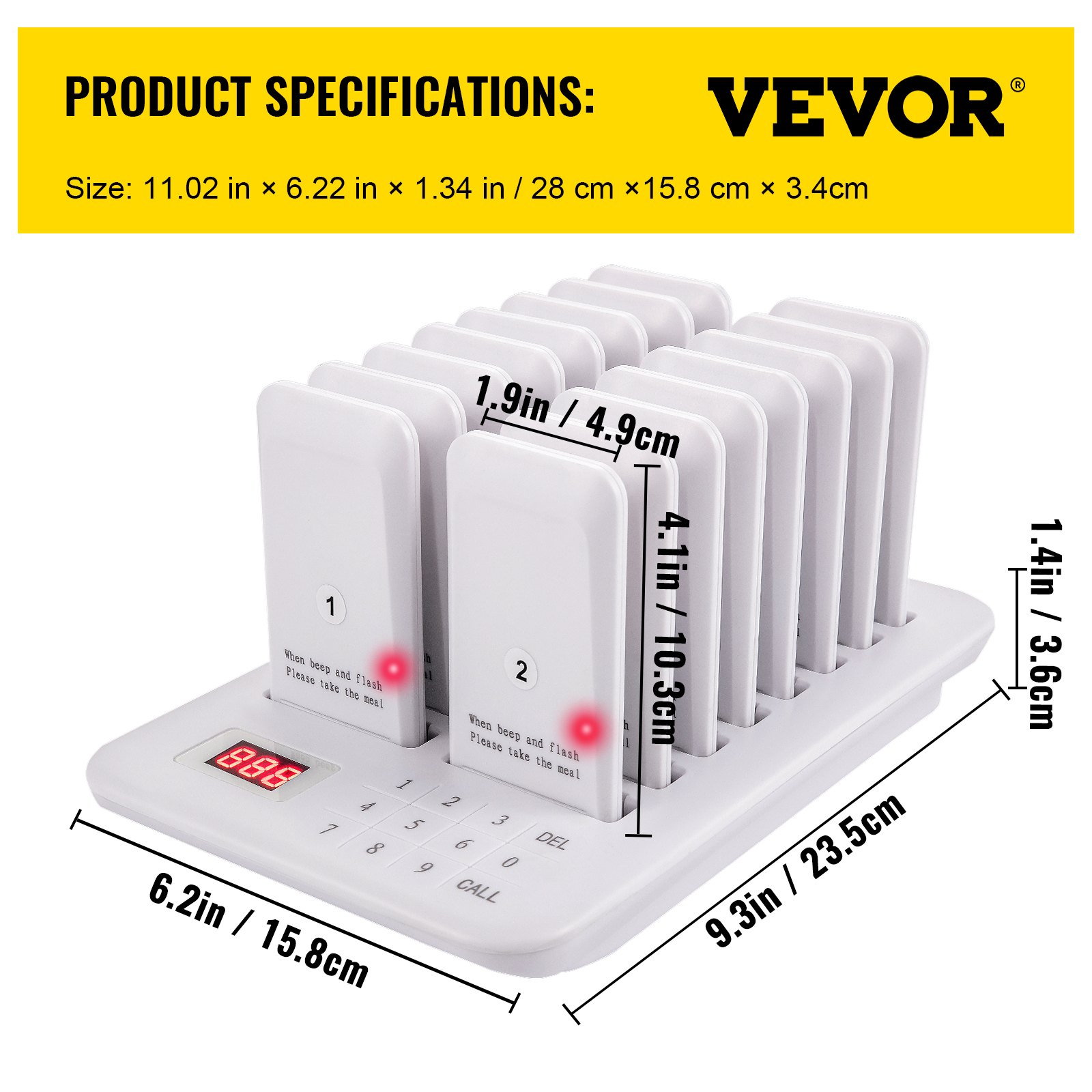 VEVOR Restaurante Buscapersonas 16 Posavasos Sistema de buscapersonas Max 98 Buscapersonas de guardería Sistema de llamadas en cola de buscapersonas inalámbrico 350-500m con vibración, parpadeo y zumbador para distancia social Camión de comida Hoteles Cafeterías