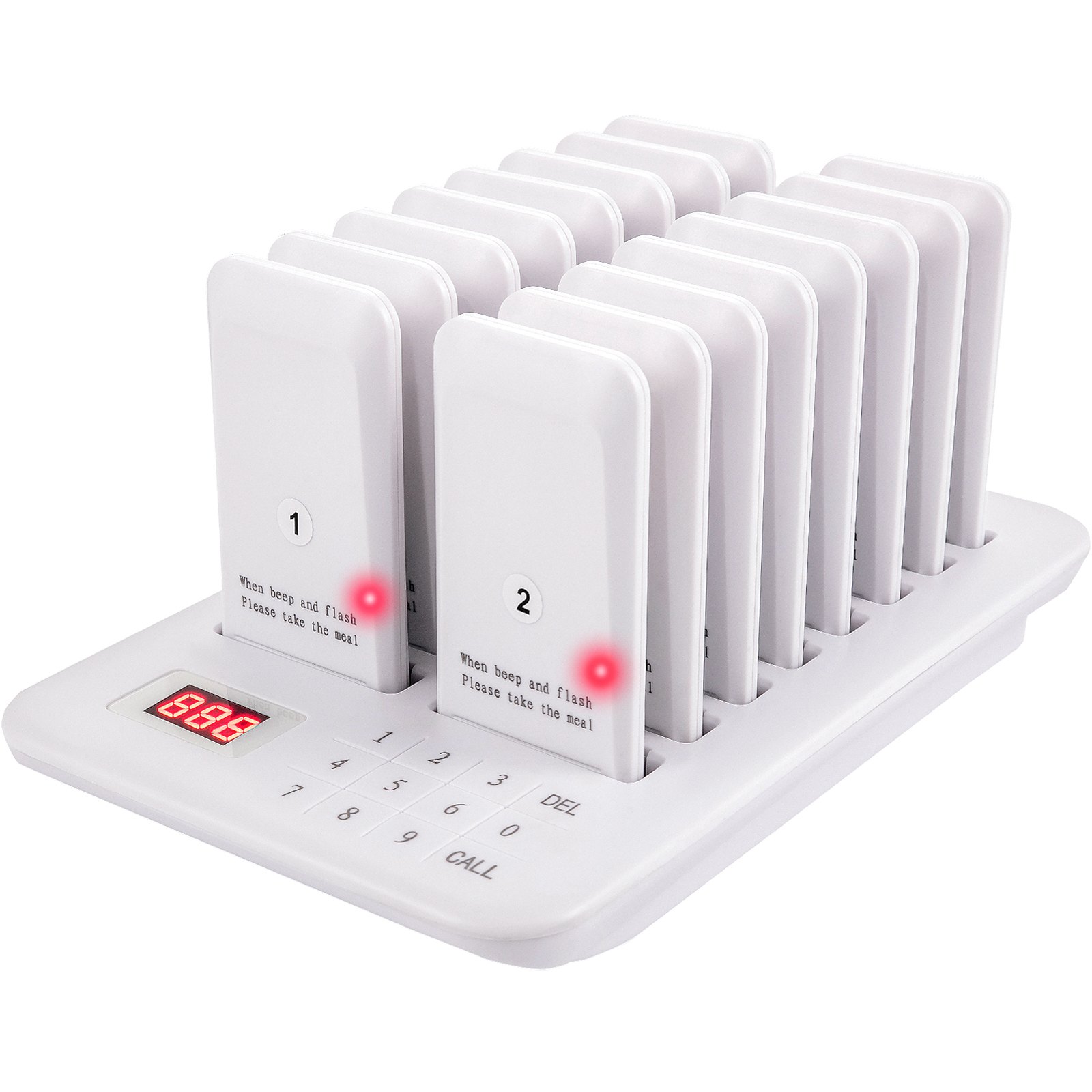 VEVOR Restaurante Buscapersonas 16 Posavasos Sistema de buscapersonas Max 98 Buscapersonas de guardería Sistema de llamadas en cola de buscapersonas inalámbrico 350-500m con vibración, parpadeo y zumbador para distancia social Camión de comida Hoteles Cafeterías