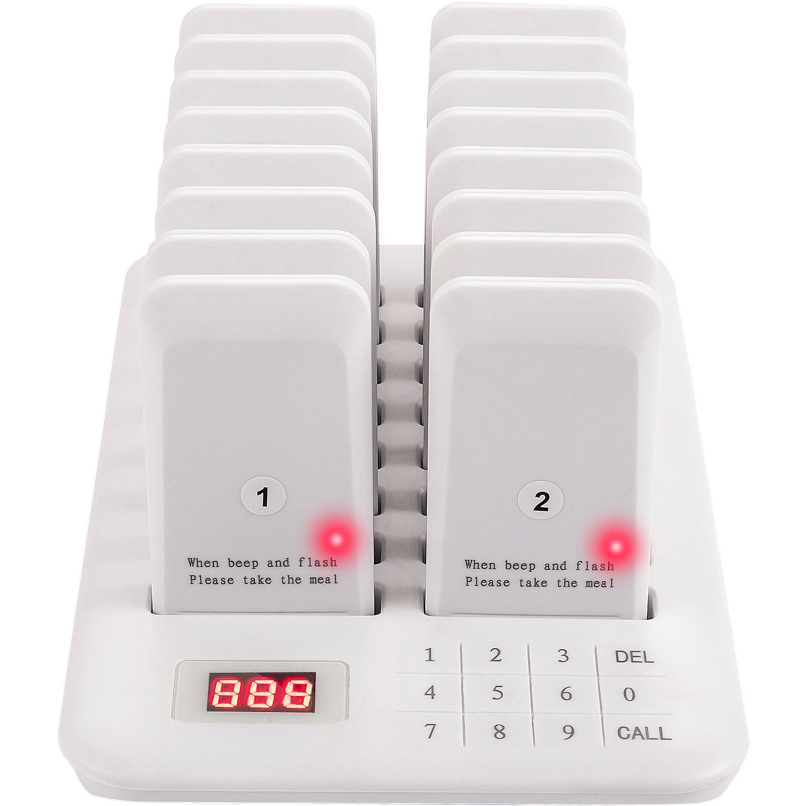VEVOR Restaurante Buscapersonas 16 Posavasos Sistema de buscapersonas Max 98 Buscapersonas de guardería Sistema de llamadas en cola de buscapersonas inalámbrico 350-500m con vibración, parpadeo y zumbador para distancia social Camión de comida Hoteles Cafeterías