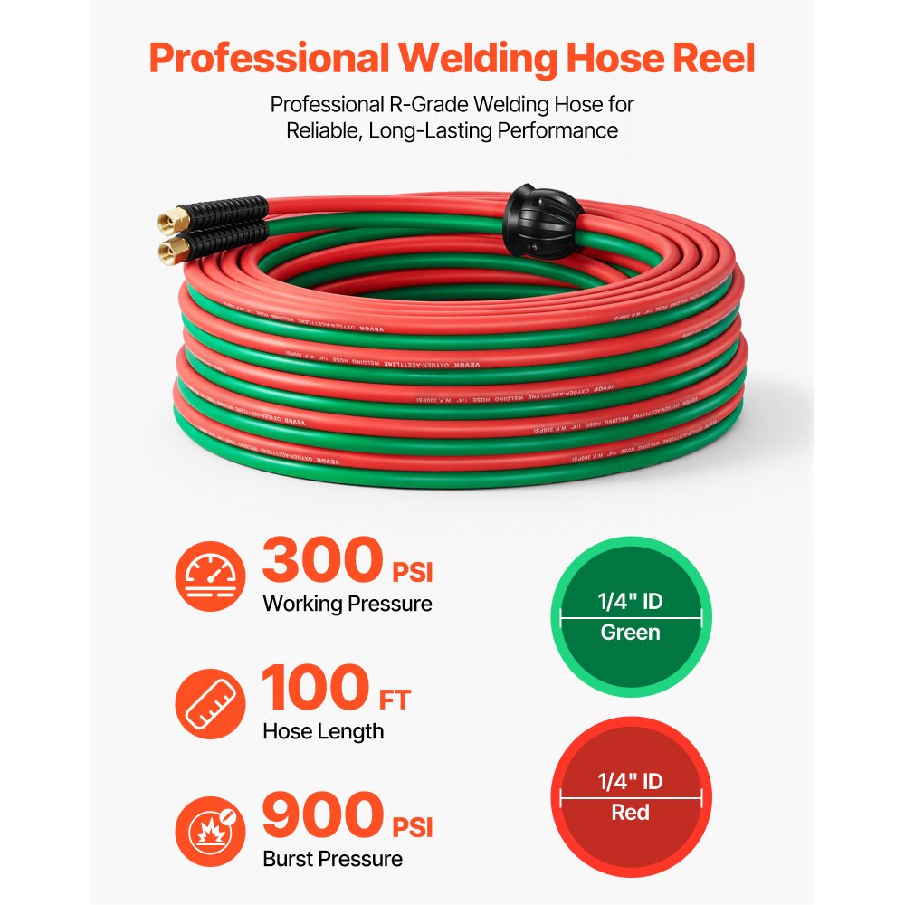 Carrete de manguera retráctil para soldadura VEVOR, manguera doble de goma de 1/4 de pulgada x 100 pies para oxígeno y acetileno, presión máxima de 300 PSI - Grado R, carrete de manguera de acero resistente para montaje en techo/pared con rebobinado automático, ideal para talleres y garajes.