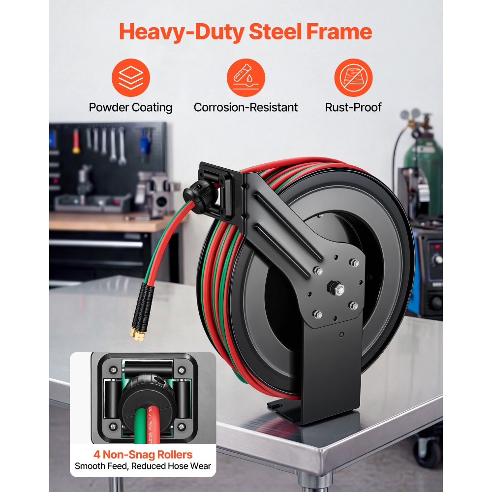 Carrete de manguera retráctil para soldadura VEVOR, manguera doble de goma de 1/4 de pulgada x 100 pies para oxígeno y acetileno, presión máxima de 300 PSI - Grado R, carrete de manguera de acero resistente para montaje en techo/pared con rebobinado automático, ideal para talleres y garajes.