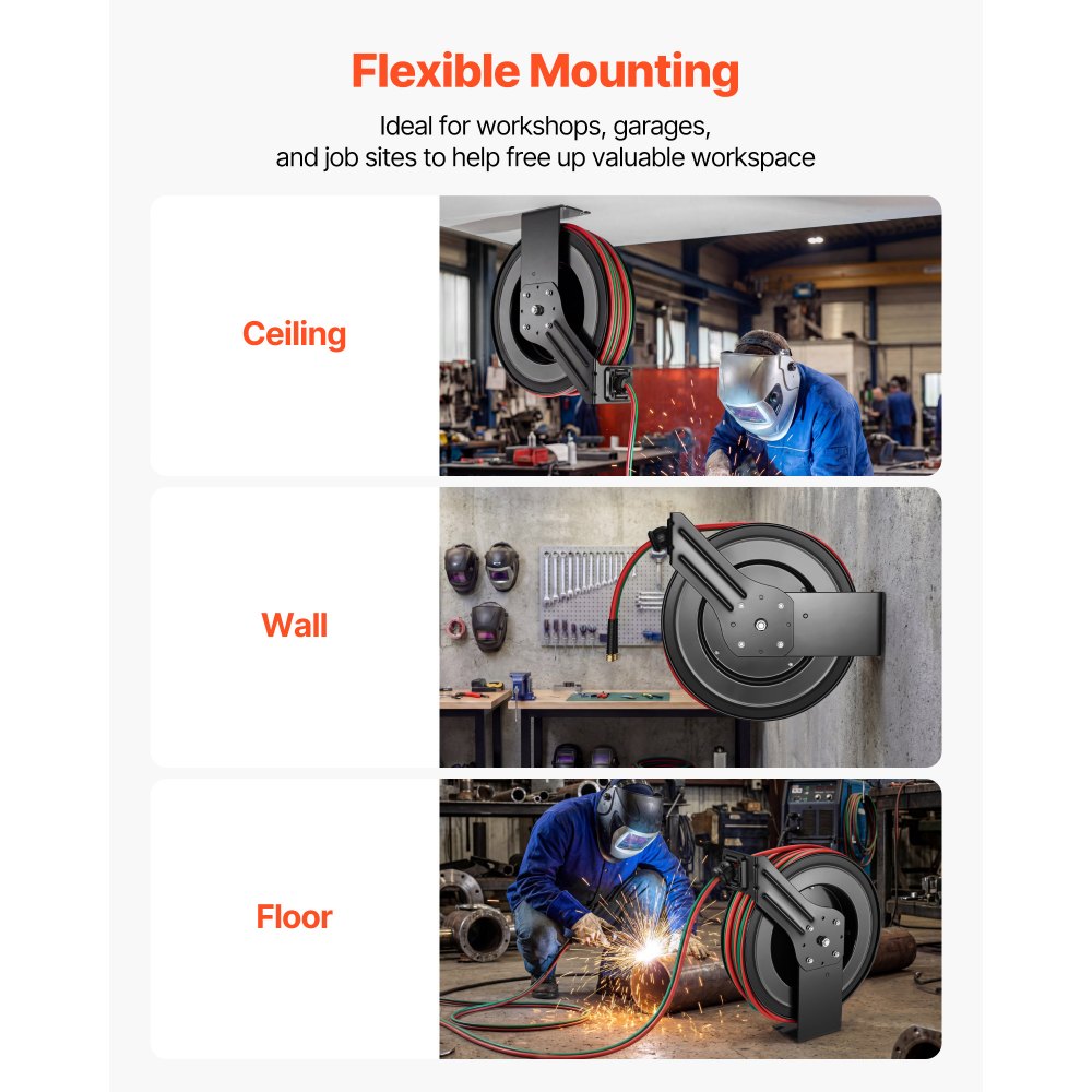 Carrete de manguera retráctil para soldadura VEVOR, manguera doble de goma de 1/4 de pulgada x 100 pies para oxígeno y acetileno, presión máxima de 300 PSI - Grado R, carrete de manguera de acero resistente para montaje en techo/pared con rebobinado automático, ideal para talleres y garajes.
