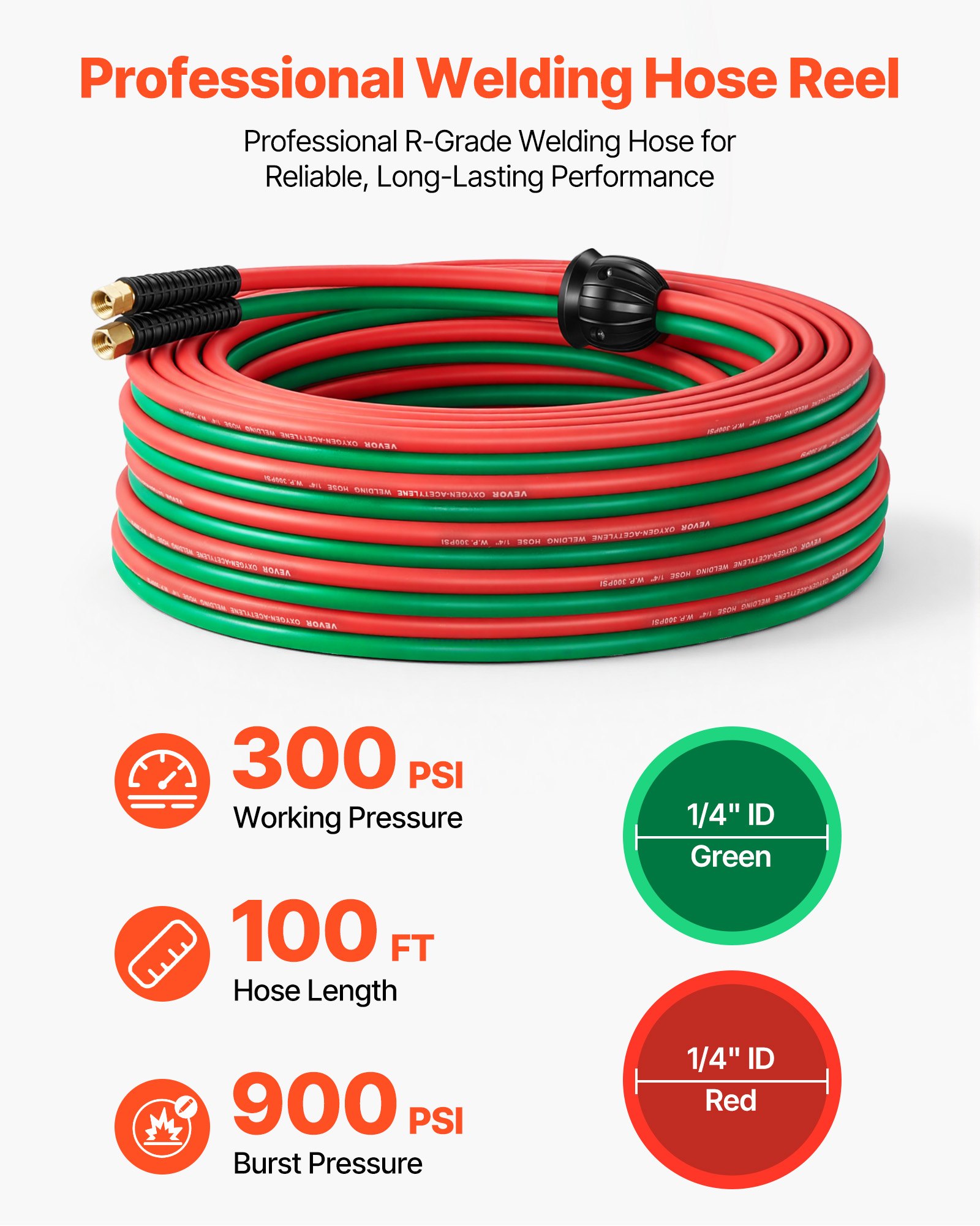 Carrete de manguera retráctil para soldadura VEVOR, manguera doble de goma de 1/4 de pulgada x 100 pies para oxígeno y acetileno, presión máxima de 300 PSI - Grado R, carrete de manguera de acero resistente para montaje en techo/pared con rebobinado automático, ideal para talleres y garajes.