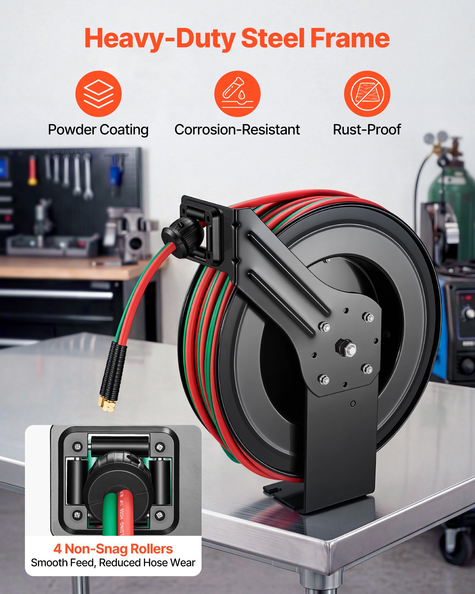Carrete de manguera retráctil para soldadura VEVOR, manguera doble de goma de 1/4 de pulgada x 100 pies para oxígeno y acetileno, presión máxima de 300 PSI - Grado R, carrete de manguera de acero resistente para montaje en techo/pared con rebobinado automático, ideal para talleres y garajes.