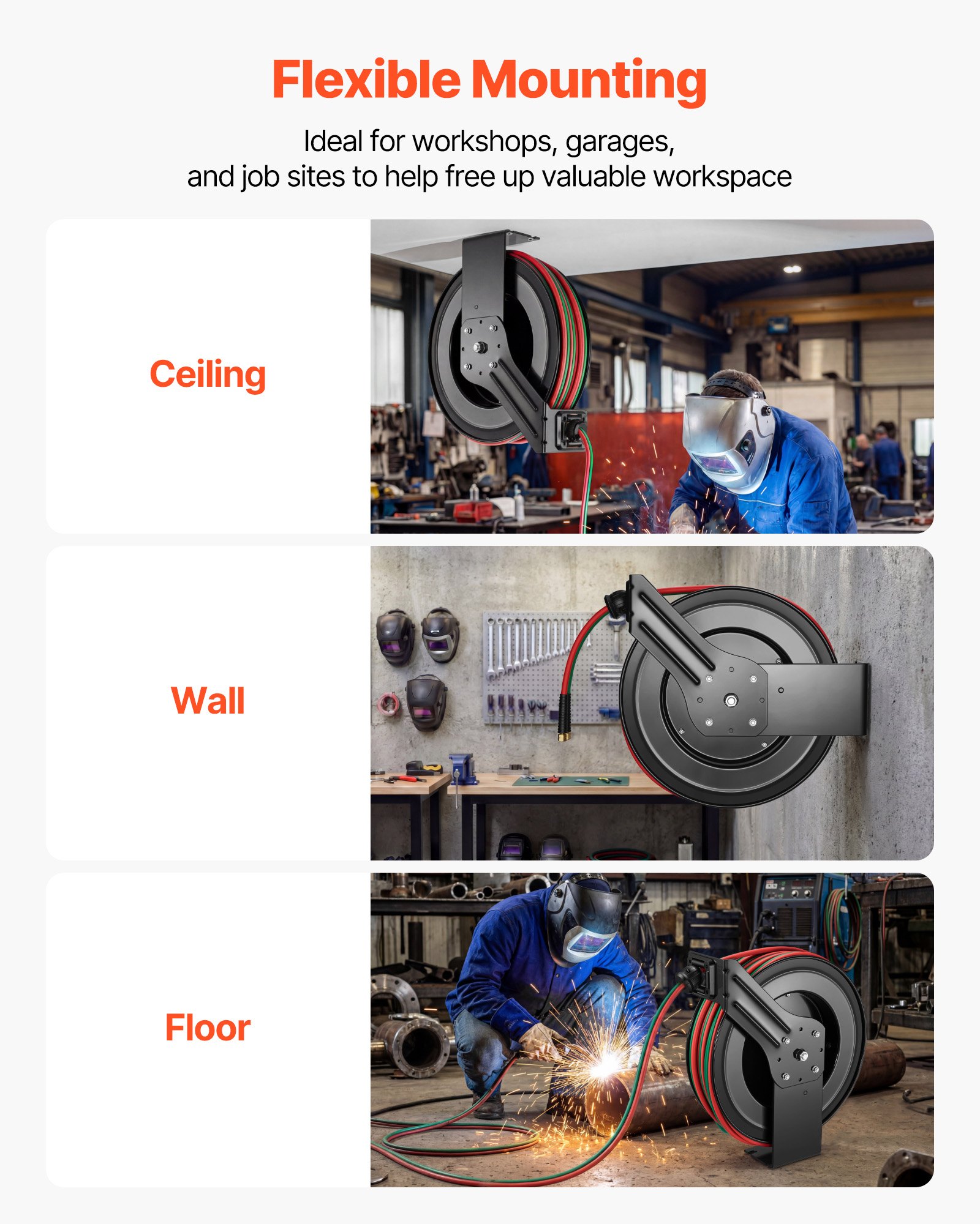 Carrete de manguera retráctil para soldadura VEVOR, manguera doble de goma de 1/4 de pulgada x 100 pies para oxígeno y acetileno, presión máxima de 300 PSI - Grado R, carrete de manguera de acero resistente para montaje en techo/pared con rebobinado automático, ideal para talleres y garajes.