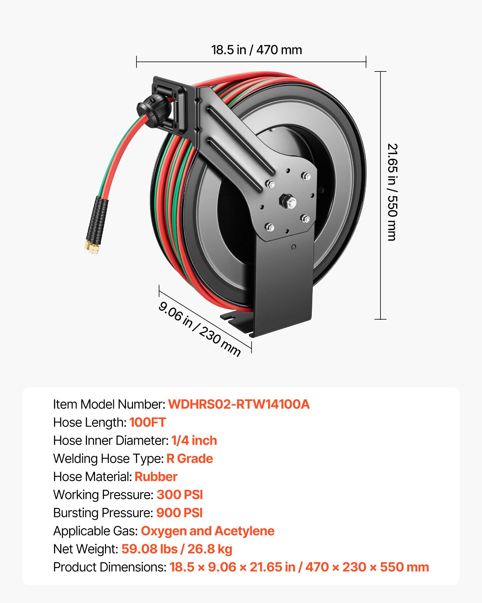 Carrete de manguera retráctil para soldadura VEVOR, manguera doble de goma de 1/4 de pulgada x 100 pies para oxígeno y acetileno, presión máxima de 300 PSI - Grado R, carrete de manguera de acero resistente para montaje en techo/pared con rebobinado automático, ideal para talleres y garajes.