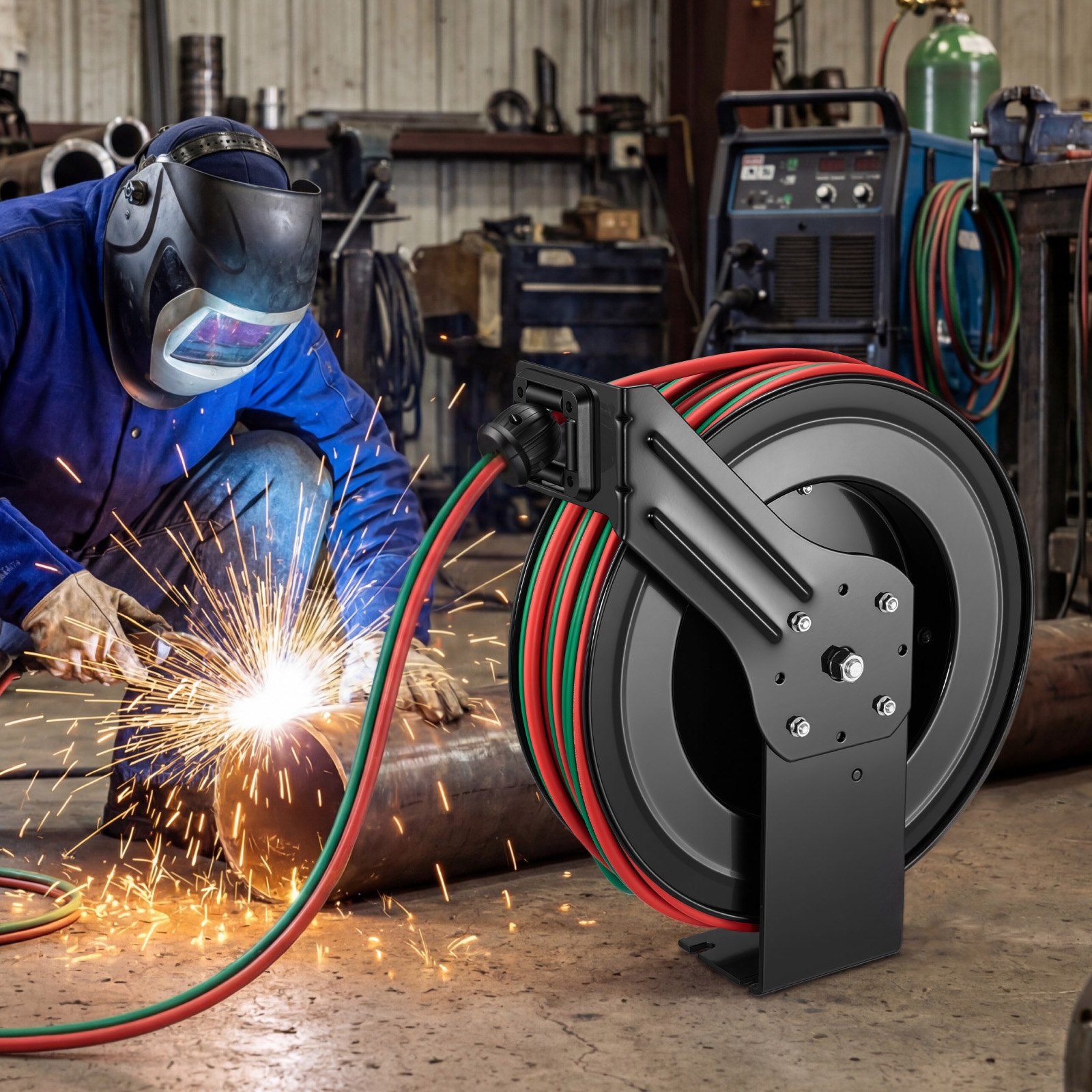 Carrete de manguera retráctil para soldadura VEVOR, manguera doble de goma de 1/4 de pulgada x 100 pies para oxígeno y acetileno, presión máxima de 300 PSI - Grado R, carrete de manguera de acero resistente para montaje en techo/pared con rebobinado automático, ideal para talleres y garajes.