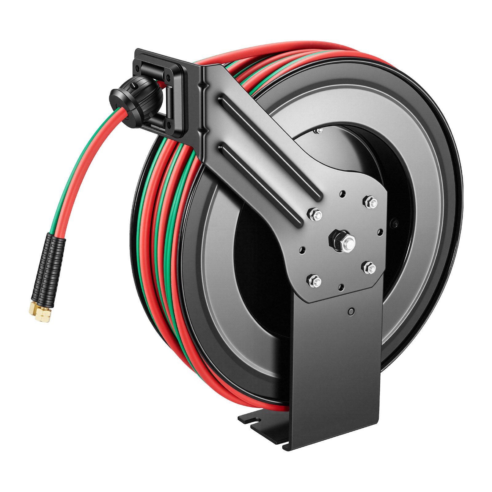 Carrete de manguera retráctil para soldadura VEVOR, manguera doble de goma de 1/4 de pulgada x 100 pies para oxígeno y acetileno, presión máxima de 300 PSI - Grado R, carrete de manguera de acero resistente para montaje en techo/pared con rebobinado automático, ideal para talleres y garajes.