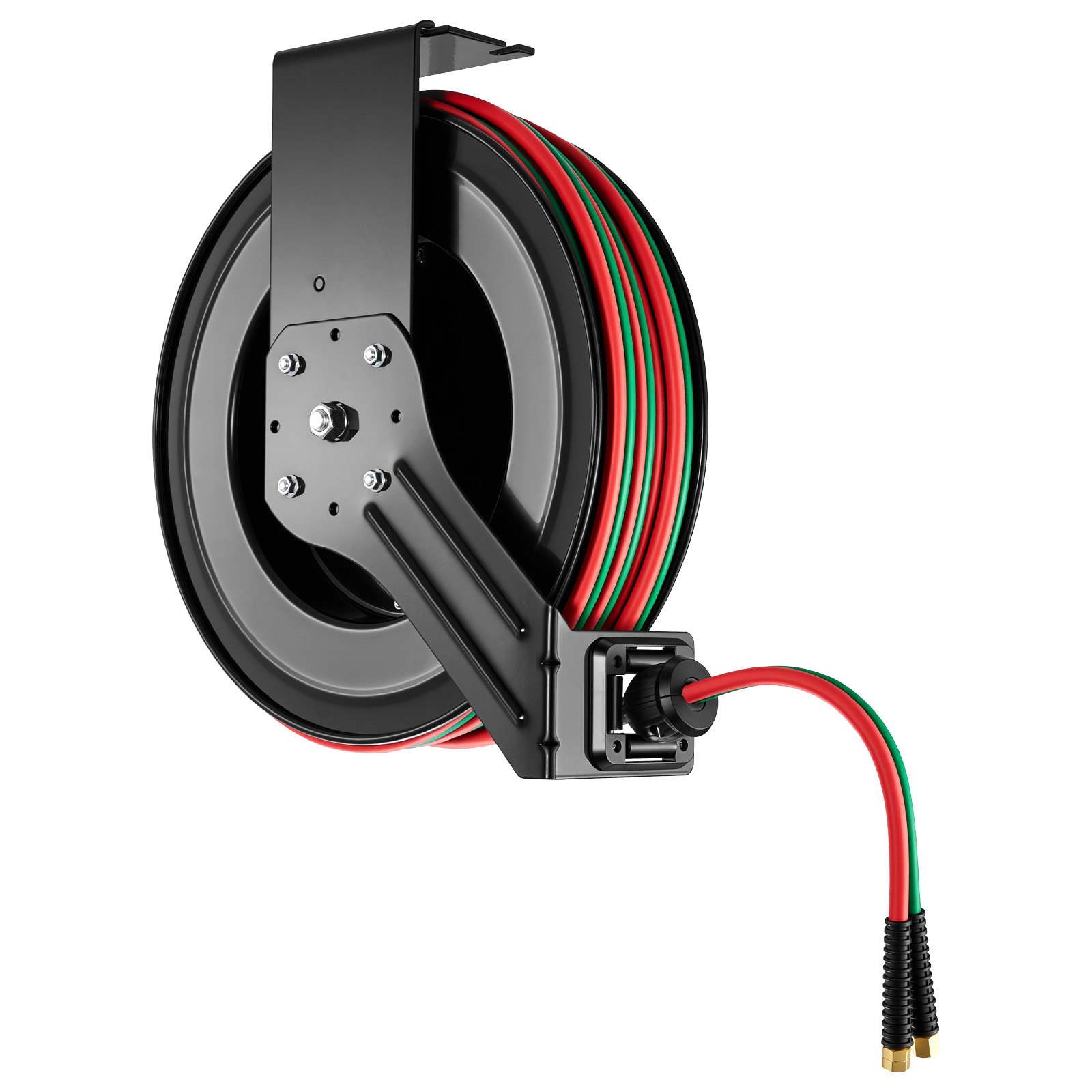 Carrete de manguera retráctil para soldadura VEVOR, manguera doble de goma de 1/4 de pulgada x 100 pies para oxígeno y acetileno, presión máxima de 300 PSI - Grado R, carrete de manguera de acero resistente para montaje en techo/pared con rebobinado automático, ideal para talleres y garajes.