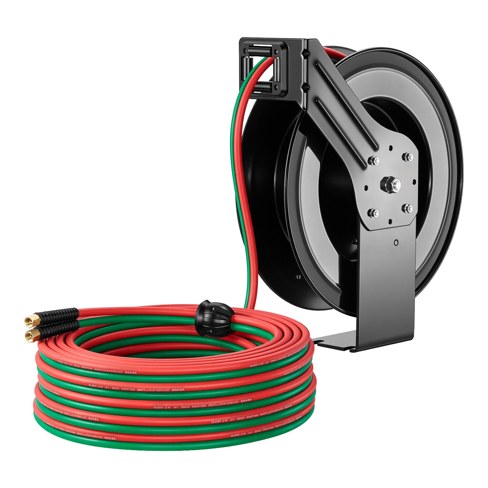 Carrete de manguera retráctil para soldadura VEVOR, manguera doble de goma de 1/4 de pulgada x 100 pies para oxígeno y acetileno, presión máxima de 300 PSI - Grado R, carrete de manguera de acero resistente para montaje en techo/pared con rebobinado automático, ideal para talleres y garajes.