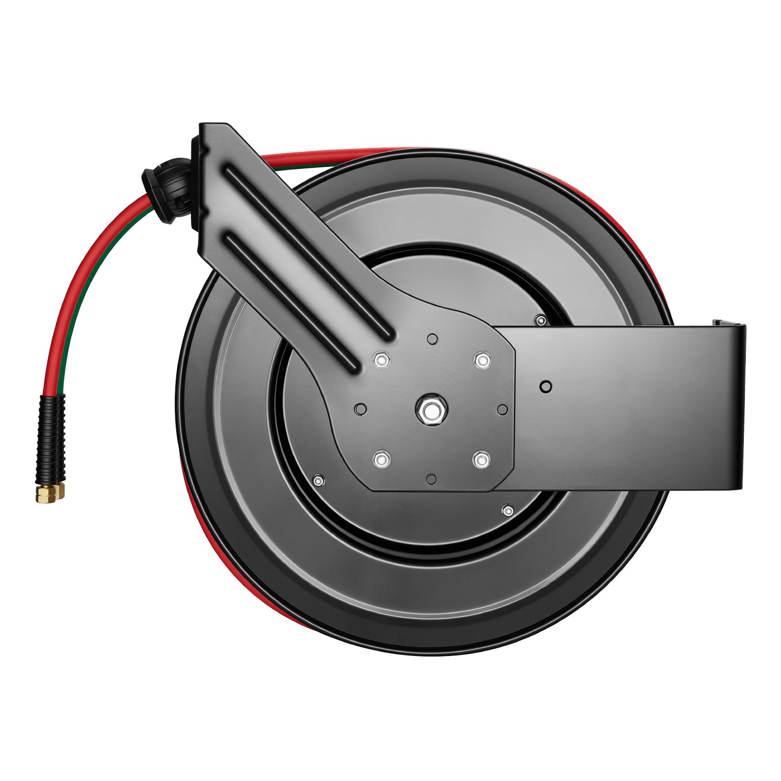 Carrete de manguera retráctil para soldadura VEVOR, manguera doble de goma de 1/4 de pulgada x 100 pies para oxígeno y acetileno, presión máxima de 300 PSI - Grado R, carrete de manguera de acero resistente para montaje en techo/pared con rebobinado automático, ideal para talleres y garajes.