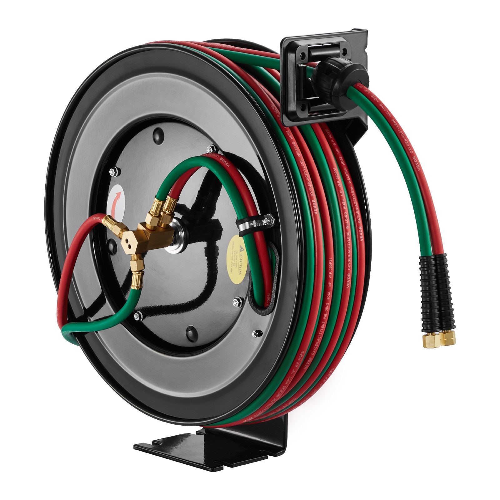 Carrete de manguera retráctil para soldadura VEVOR, manguera doble de goma de 1/4 de pulgada x 100 pies para oxígeno y acetileno, presión máxima de 300 PSI - Grado R, carrete de manguera de acero resistente para montaje en techo/pared con rebobinado automático, ideal para talleres y garajes.