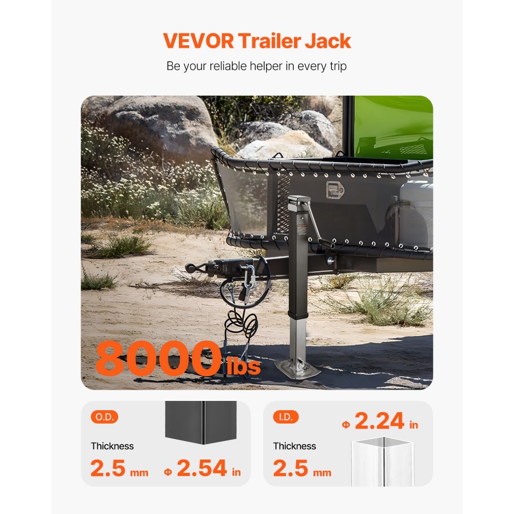 VEVOR Gato de Remolque, Carga Dinámica de 3629 kg, con Montaje en Tubo Soldado y Mango Ergonómico, Recorrido Vertical 380 mm, Apto para Remolques de RV, Caballos, Utilitarios, Campamentos y Yates