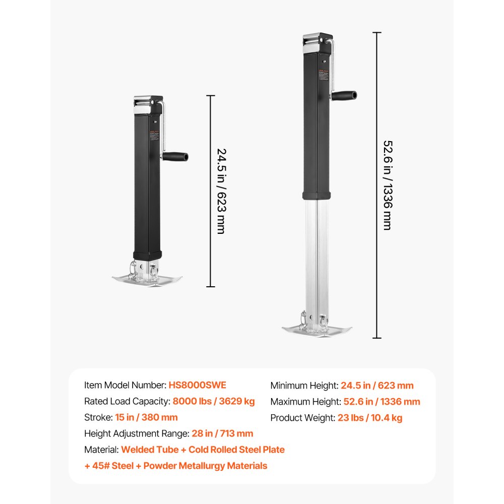 VEVOR Gato de Remolque, Carga Dinámica de 3629 kg, con Montaje en Tubo Soldado y Mango Ergonómico, Recorrido Vertical 380 mm, Apto para Remolques de RV, Caballos, Utilitarios, Campamentos y Yates