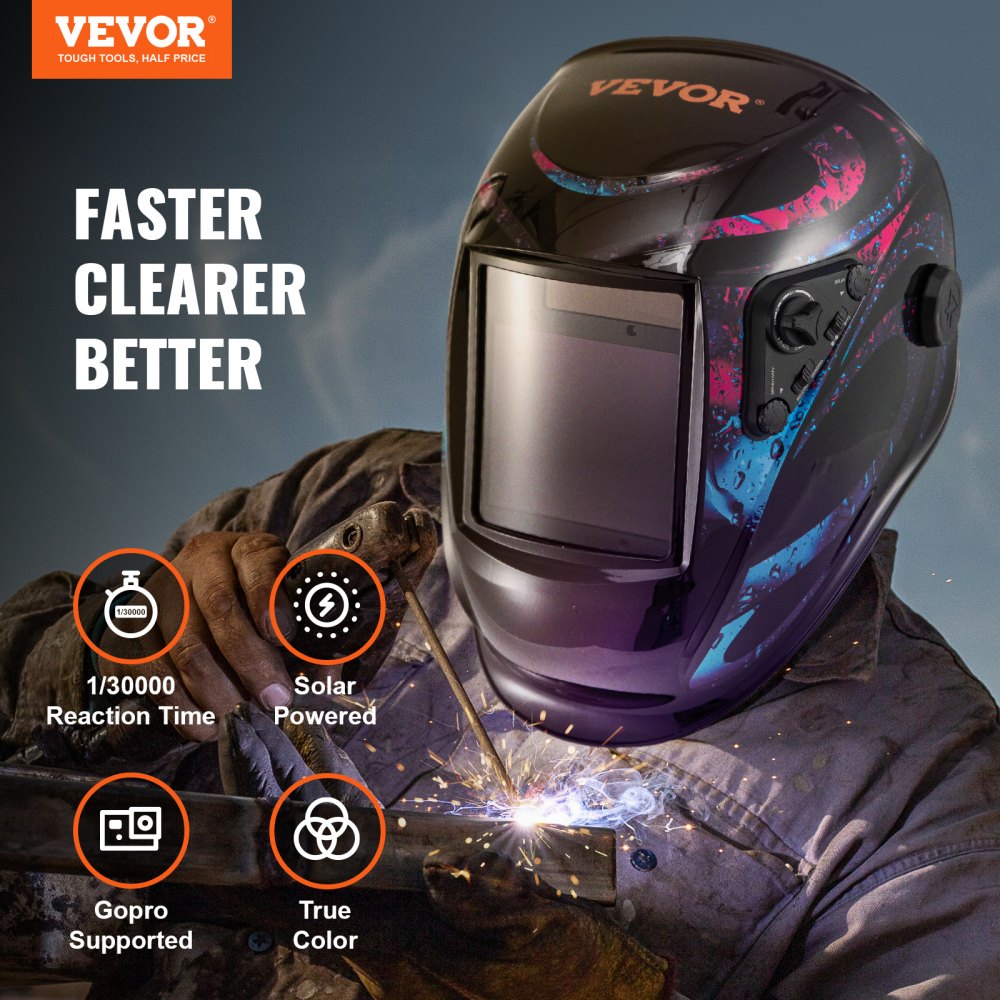 Casco de soldadura con oscurecimiento automático VEVOR en uso, que muestra características: tiempo de reacción de 1/30000, energía solar, compatibilidad con GoPro, color verdadero.