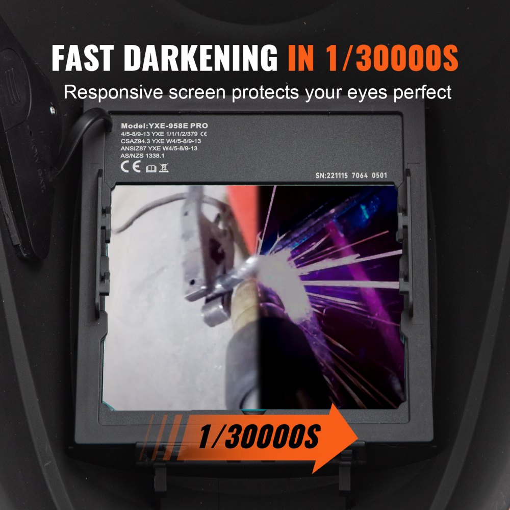 El casco de soldadura con oscurecimiento automático VEVOR con un tiempo de respuesta de 1/30000 s protege sus ojos durante la soldadura.