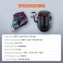 Casco de soldadura con oscurecimiento automático VEVOR con especificaciones, incluido tamaño del filtro, área de visualización y características.