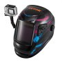 Casco de soldadura con oscurecimiento automático VEVOR en color negro con detalles en azul y rosa, cámara de acción montada.