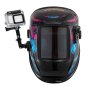 Casco de soldadura con oscurecimiento automático VEVOR con diseño gráfico colorido y cámara de acción montada.