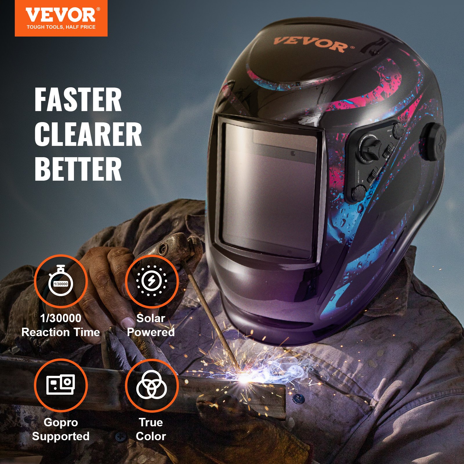 Casco de soldadura con oscurecimiento automático VEVOR en uso, que muestra características: tiempo de reacción de 1/30000, energía solar, compatibilidad con GoPro, color verdadero.