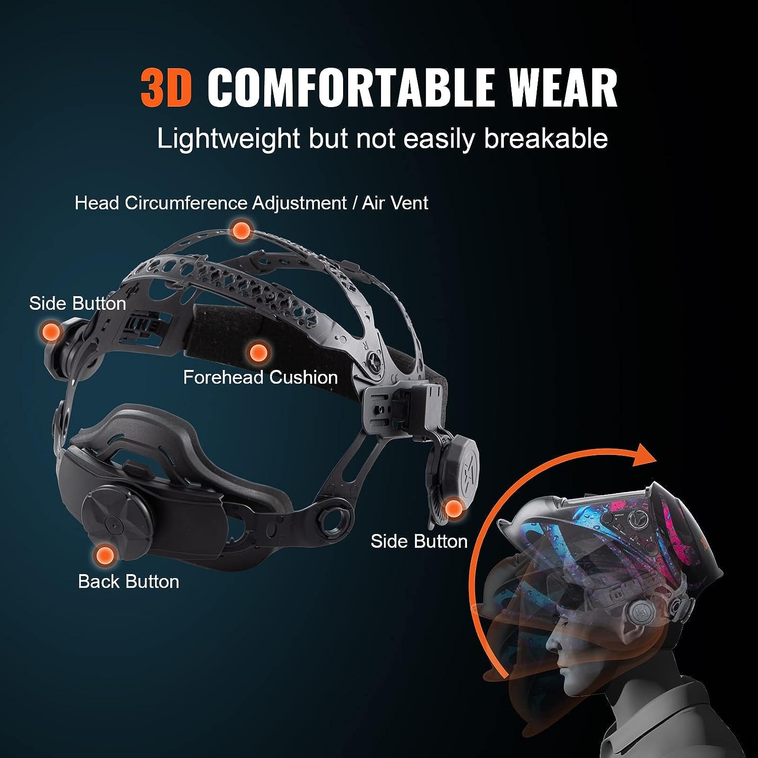 Casco de soldadura con oscurecimiento automático VEVOR con arnés ajustable, ventilación de aire y uso cómodo 3D.