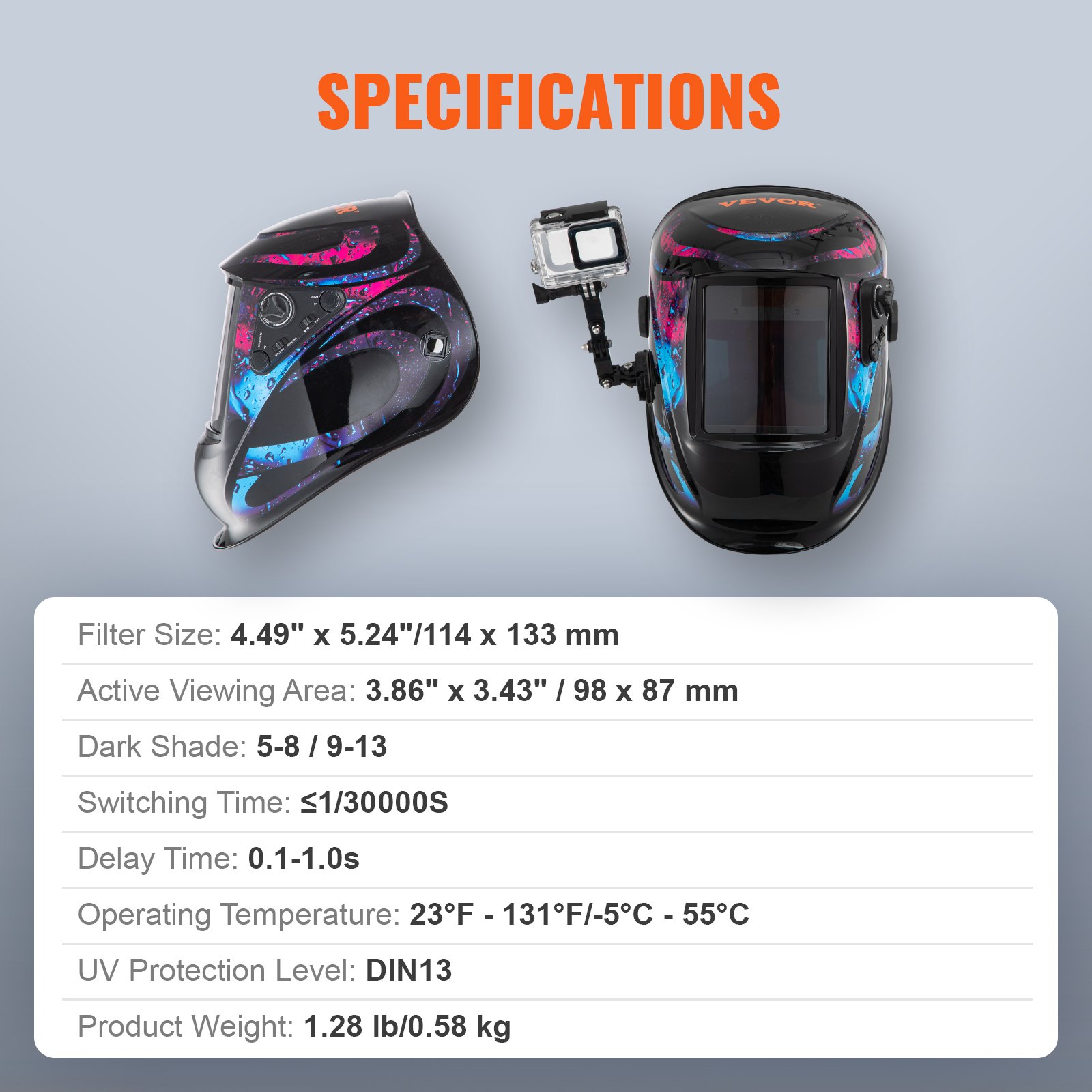 Casco de soldadura con oscurecimiento automático VEVOR con especificaciones, incluido tamaño del filtro, área de visualización y características.