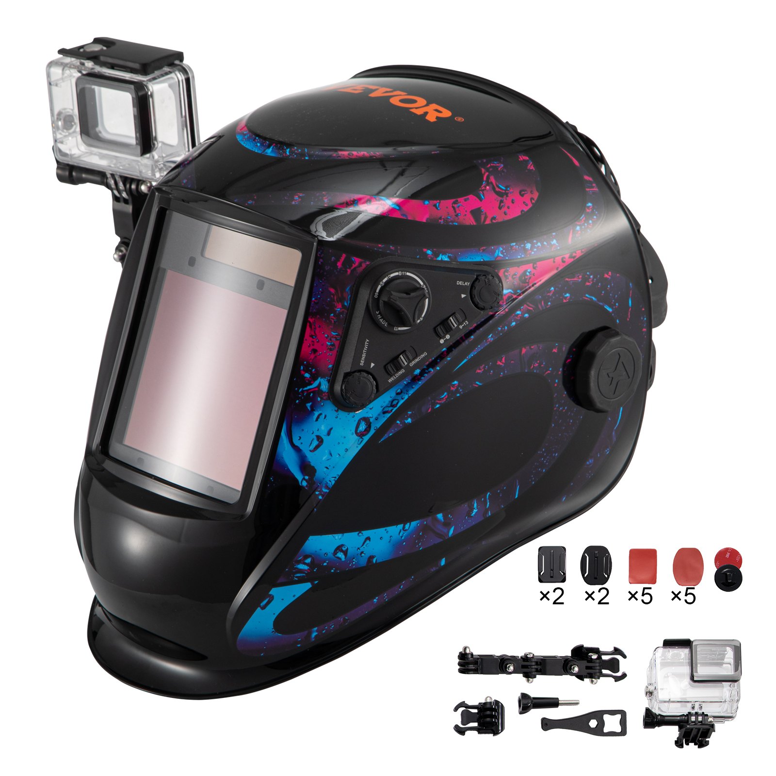 Casco de soldadura con oscurecimiento automático VEVOR con configuraciones ajustables, diseño vibrante y accesorio para cámara.