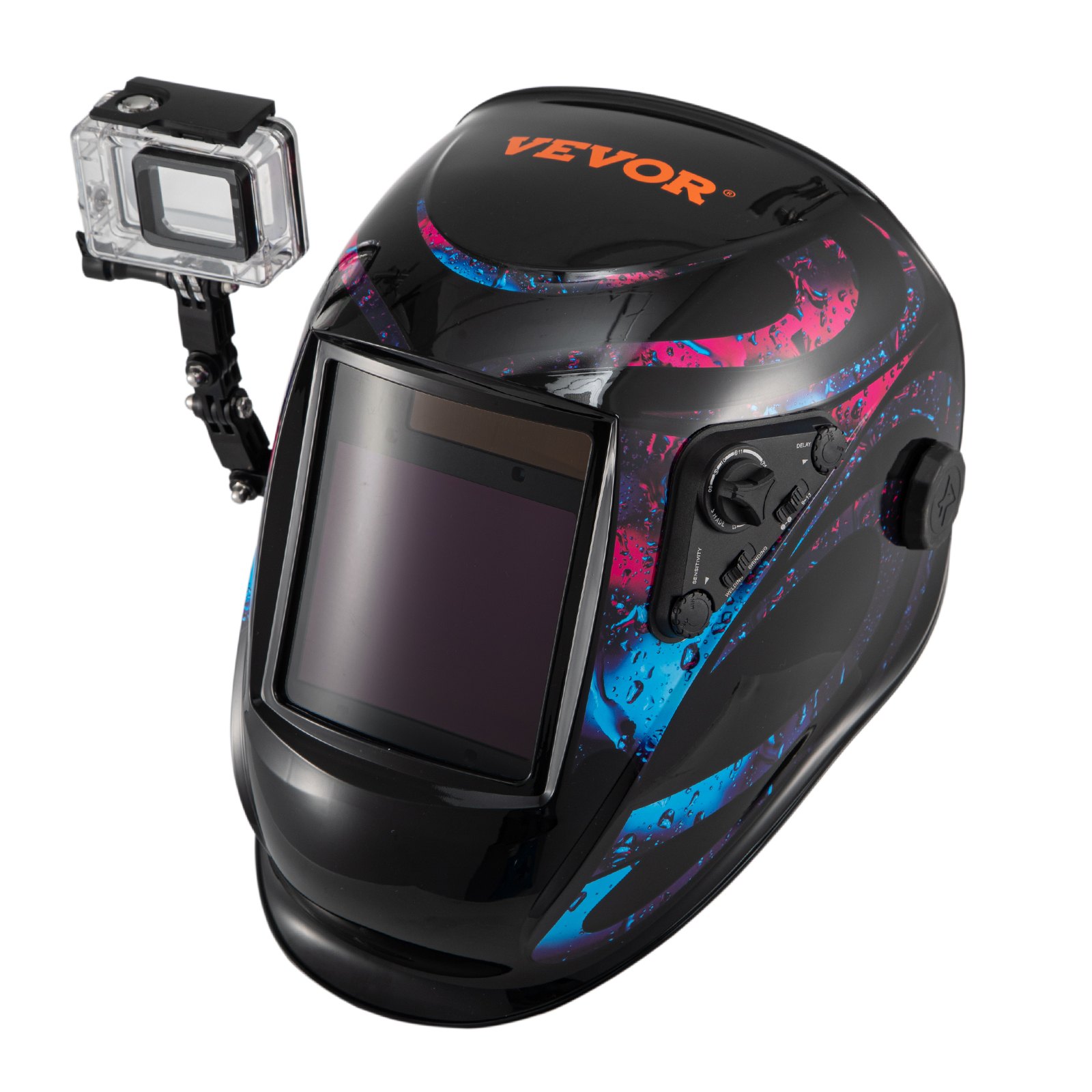 Casco de soldadura con oscurecimiento automático VEVOR en color negro con detalles en azul y rosa, cámara de acción montada.