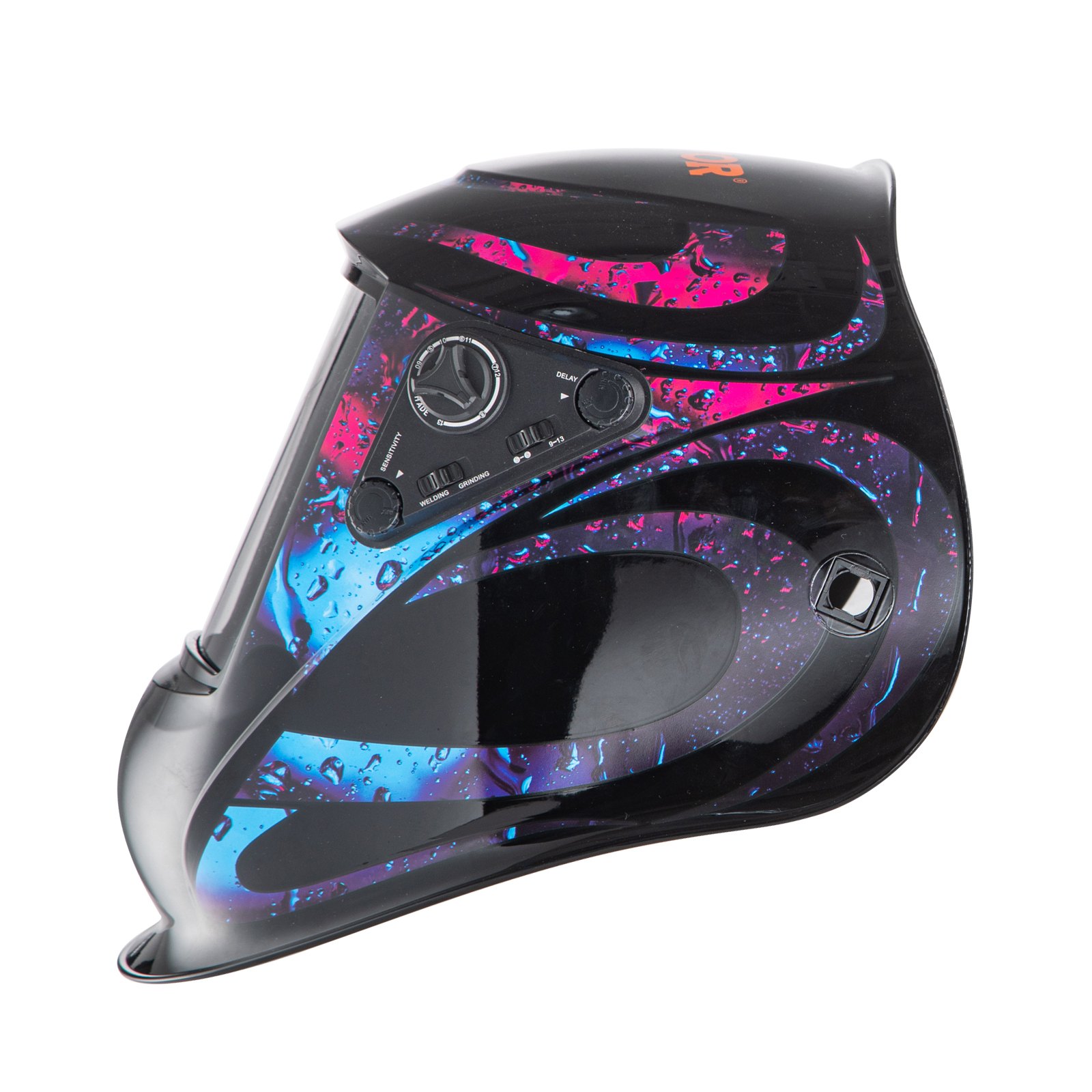 Casco de soldadura con oscurecimiento automático VEVOR con diseño colorido y elegante, diales ajustables y visera transparente.