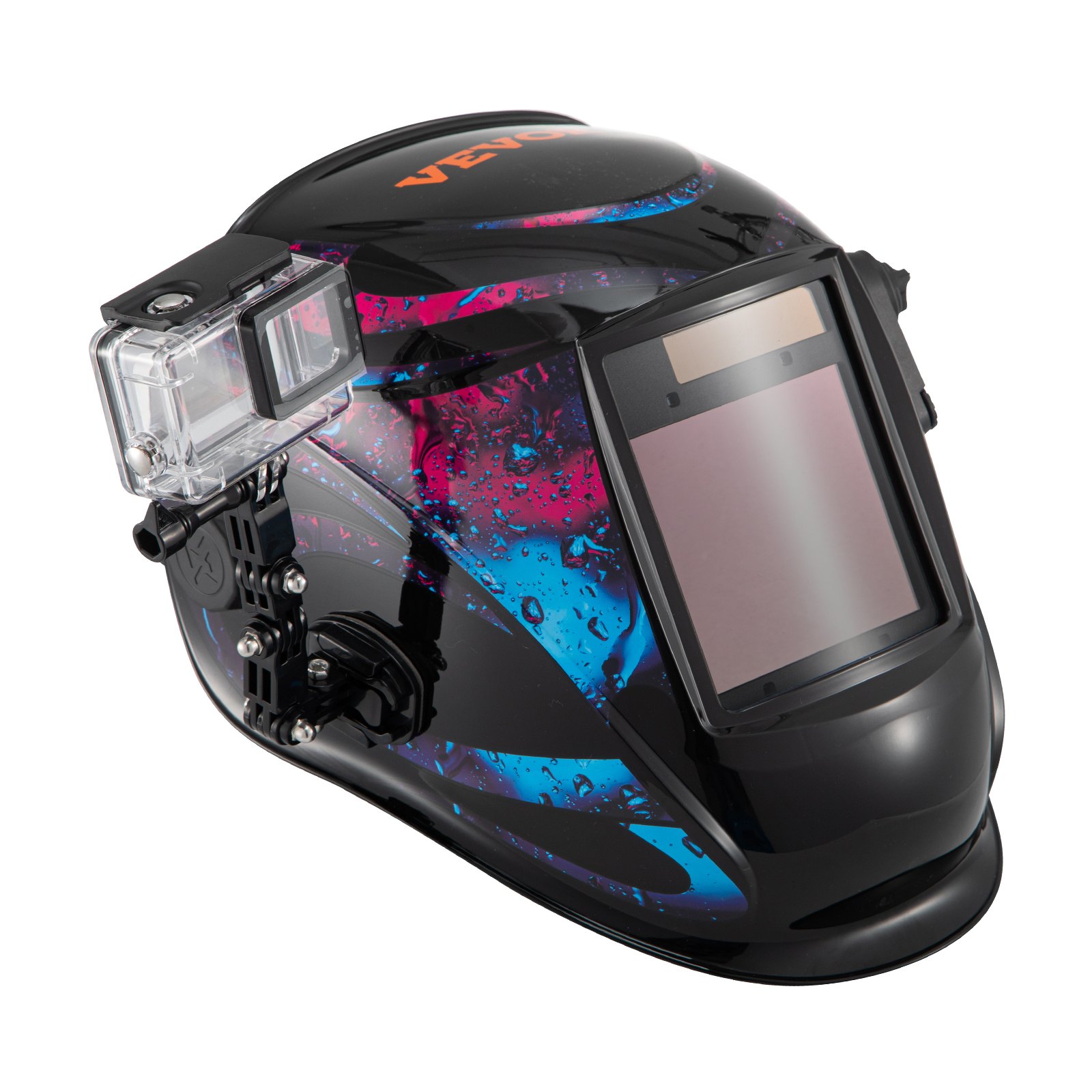 Casco de soldadura con oscurecimiento automático VEVOR con diseño colorido y accesorio de luz externa.