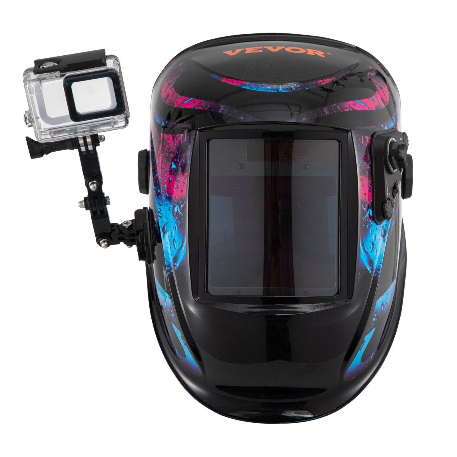 Casco de soldadura con oscurecimiento automático VEVOR con diseño gráfico colorido y cámara de acción montada.