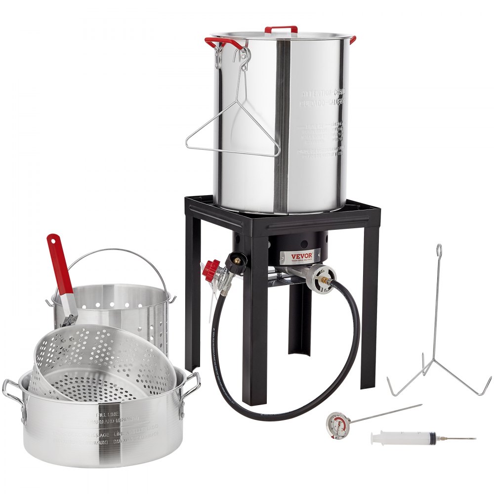 Juego de freidora de pavo VEVOR con olla de acero inoxidable, quemador, inyector, termómetro y accesorios.