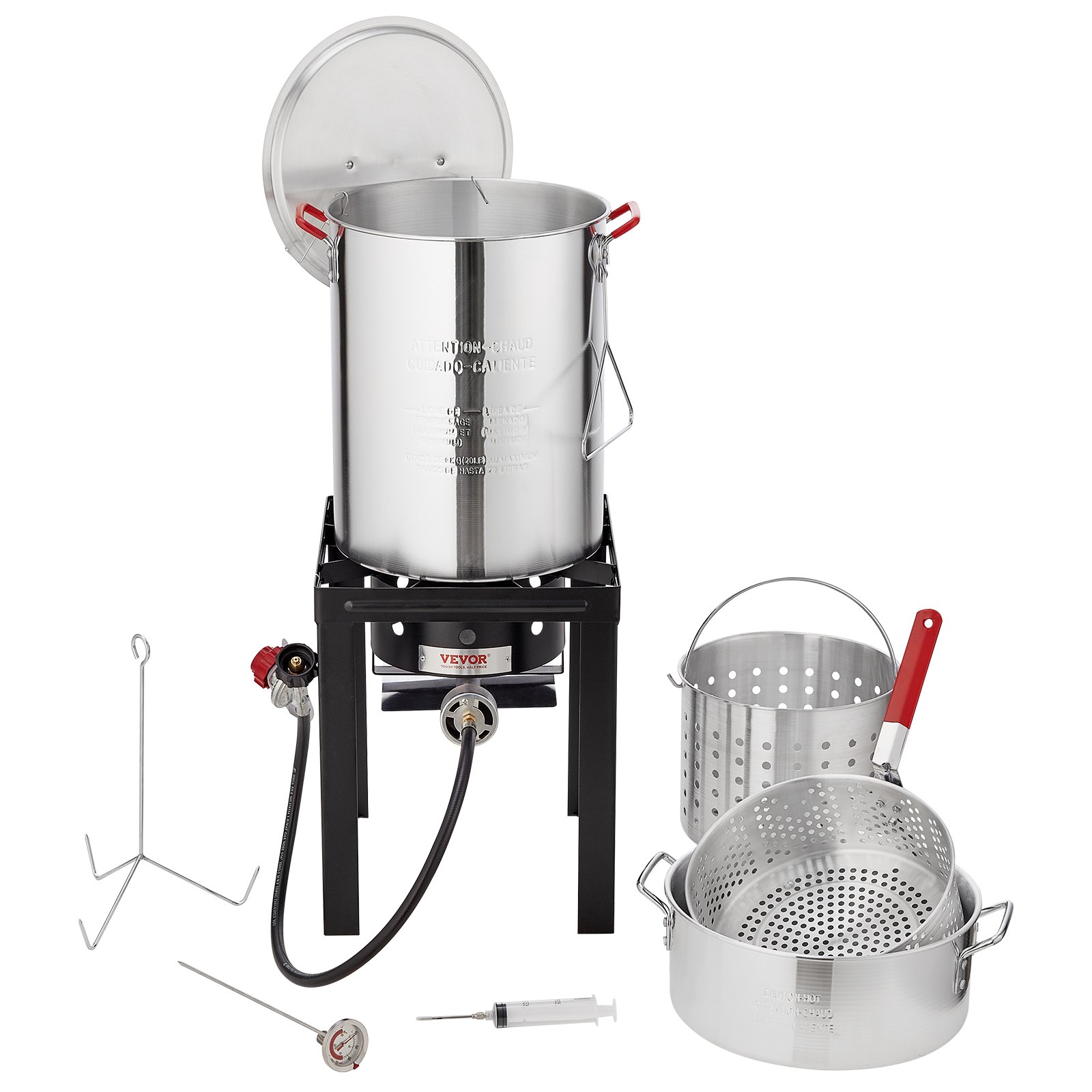 Freidora de pavo VEVOR con olla, soporte, tapa, cestas, termómetro, inyector y percha elevadora.