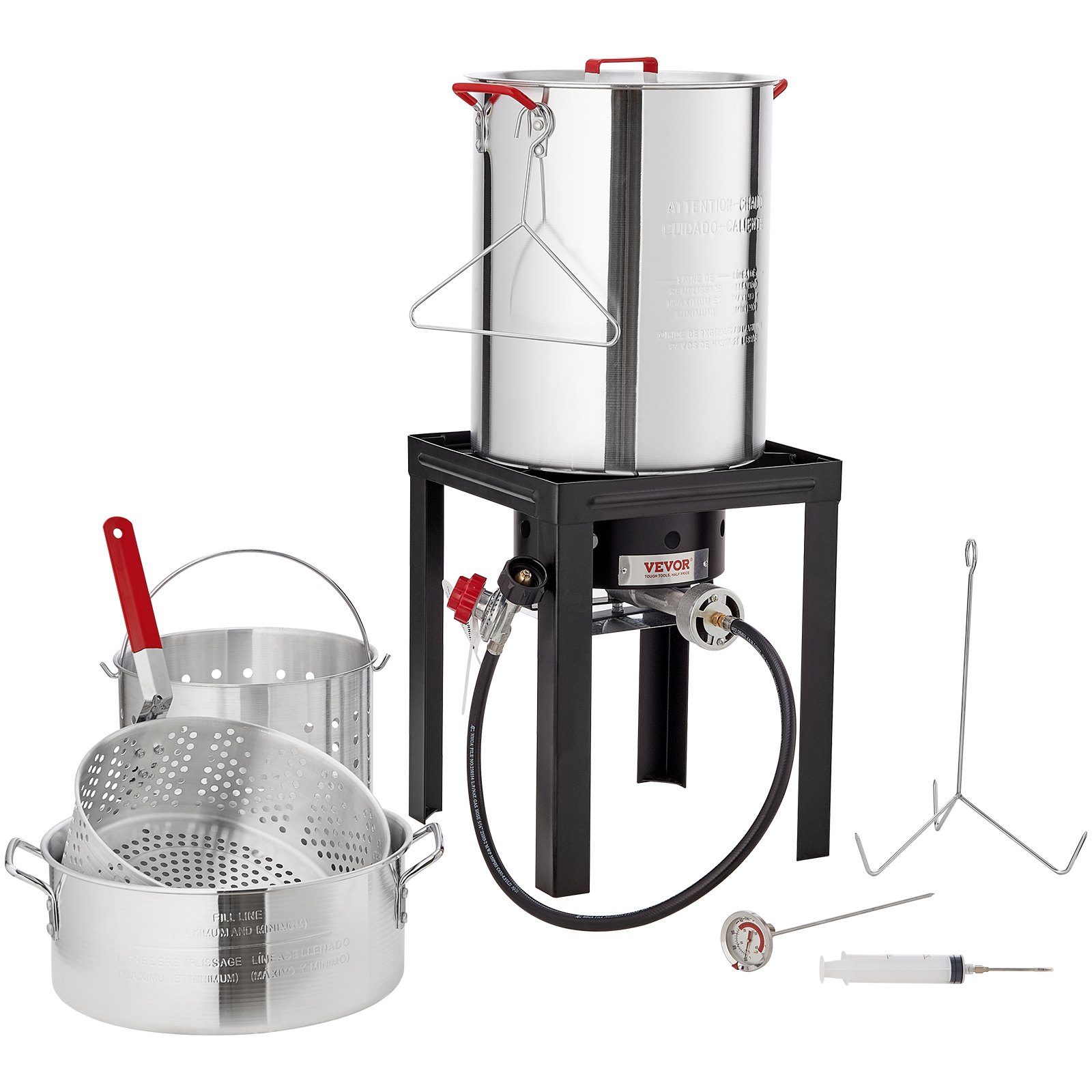 Juego de freidora de pavo VEVOR con olla de acero inoxidable, quemador de propano, termómetro y accesorios.