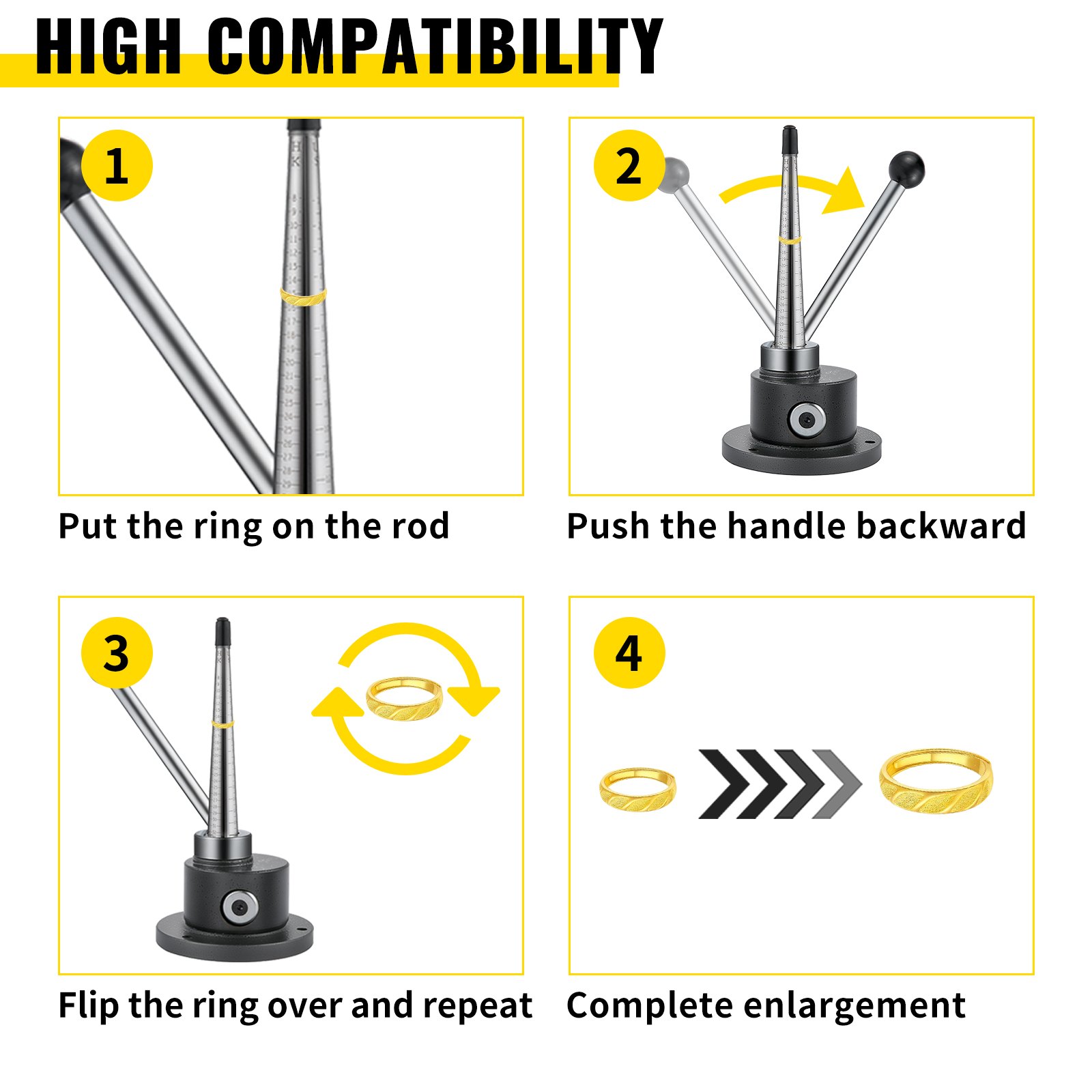 Instrucciones del reductor tensor de anillos VEVOR: insertar el anillo, empujar el mango, girar el anillo y listo.