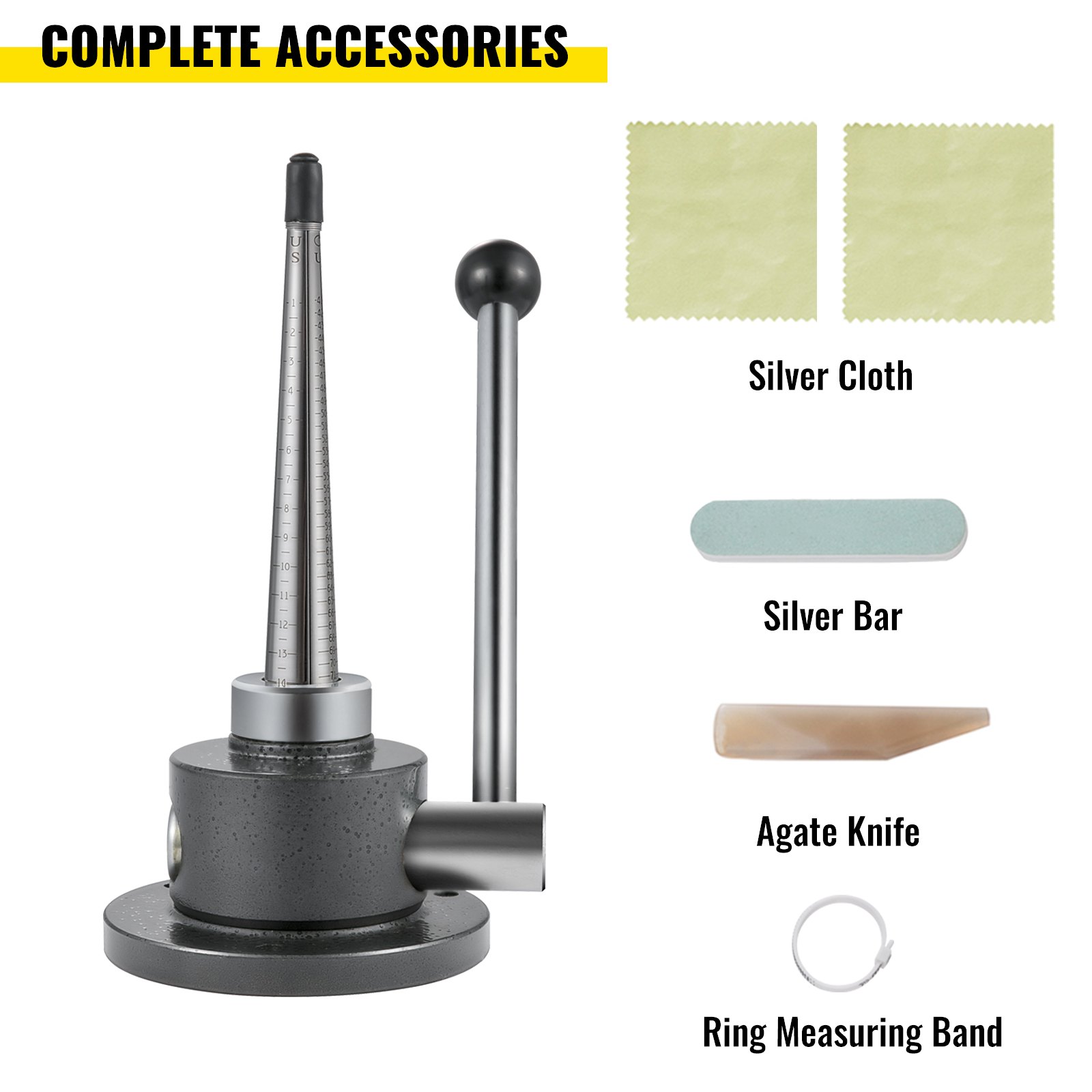 Accesorios completos para reductor de anillos VEVOR: tela de plata, barra, cuchillo de ágata, banda de anillo.