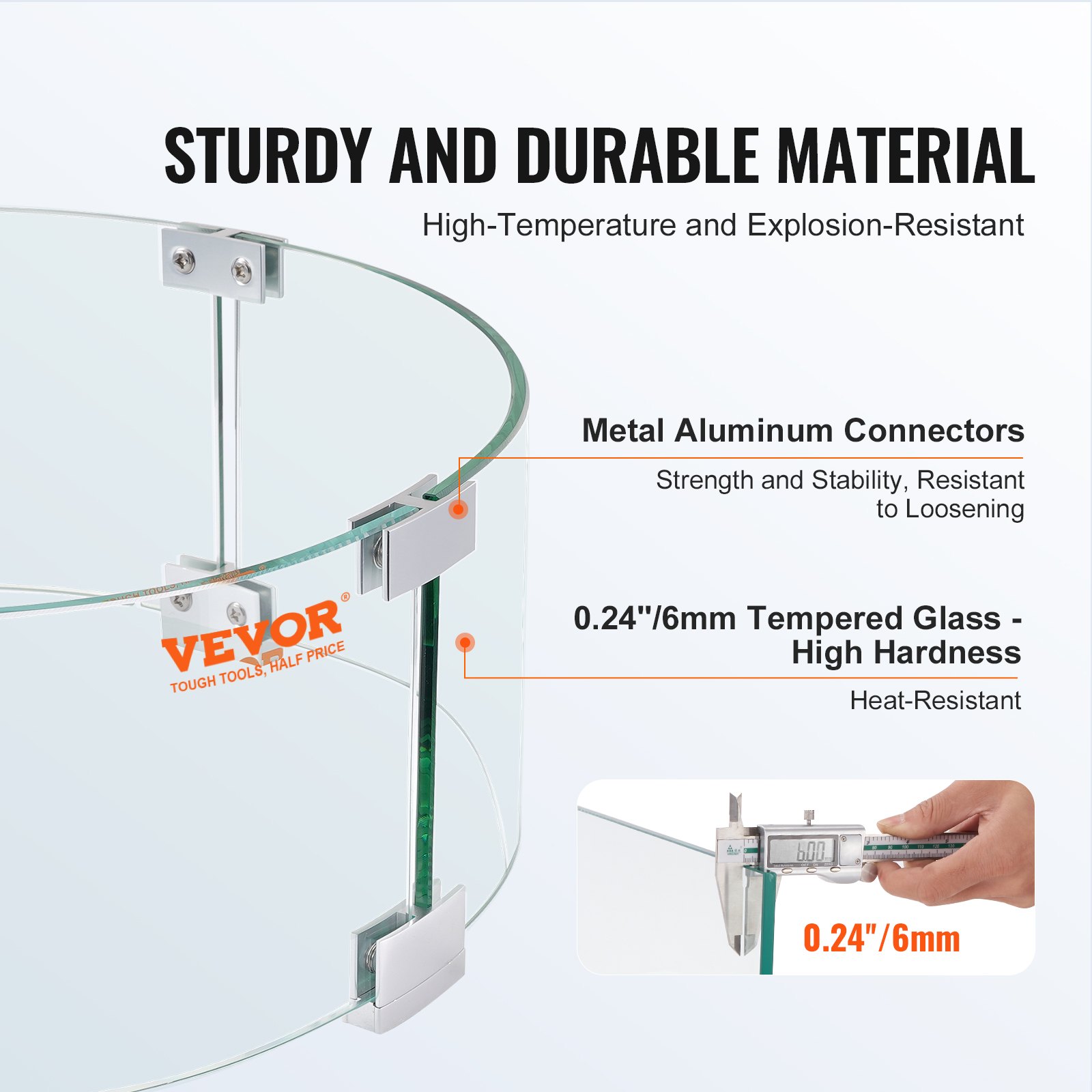 Protector contra el viento para fogatas VEVOR con conectores de aluminio metálico y vidrio templado de 0,24&quot;, resistente y duradero.