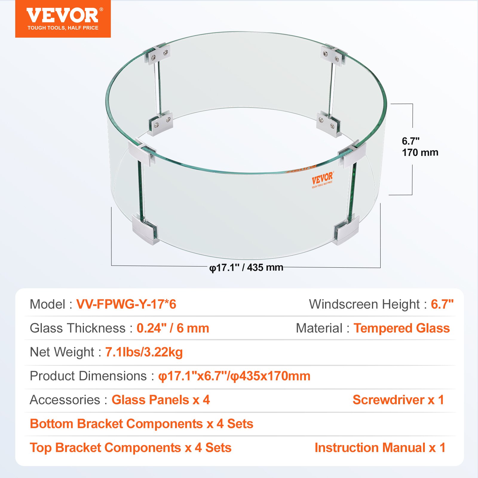 Protector contra el viento para fogatas VEVOR con pantalla de vidrio templado de 6,7&quot;, diámetro de 17,1&quot;, incluye soportes y herramientas.