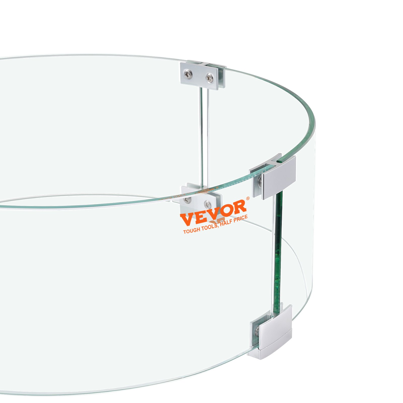 Protector contra el viento para fogatas VEVOR con vidrio transparente y conectores de metal resistentes.