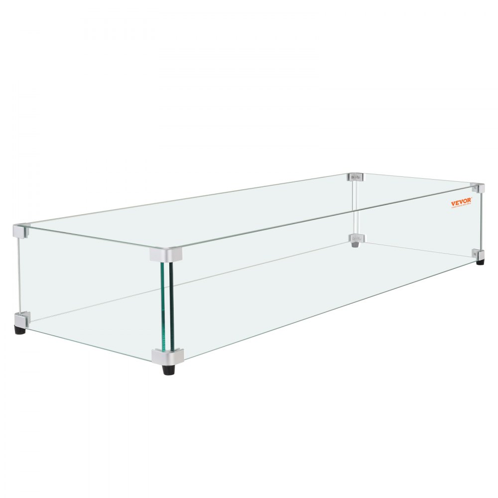 VEVOR - Protector de viento de vidrio para mesa de fogata rectangular (112 x 35 x 19 cm), panel de vidrio templado resistente de 0,8 cm de grosor con soporte de esquina de aluminio duro y patas de goma, fácil de montar.
