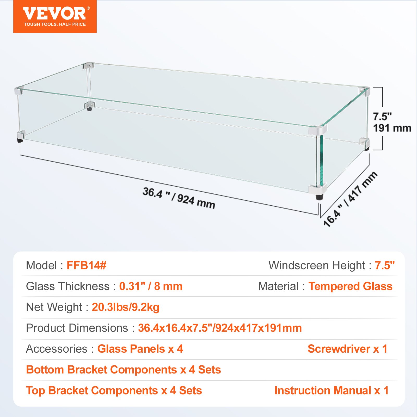 Parabrisas de vidrio VEVOR con 7,5&quot; de alto, 36,4&quot; de largo y 16,4&quot; de ancho. Fabricado en vidrio templado de 0,31&quot;.
