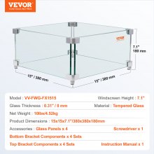 VEVOR Protector de viento para hogueras de gas para mesa de fuego cuadrada, 15 x 15 x 7 pulgadas, protector de viento templado transparente para hogueras, protector de vidrio cuadrado de 0,31 pulgadas de grosor, panel de vidrio con soporte de esquina dura y pies