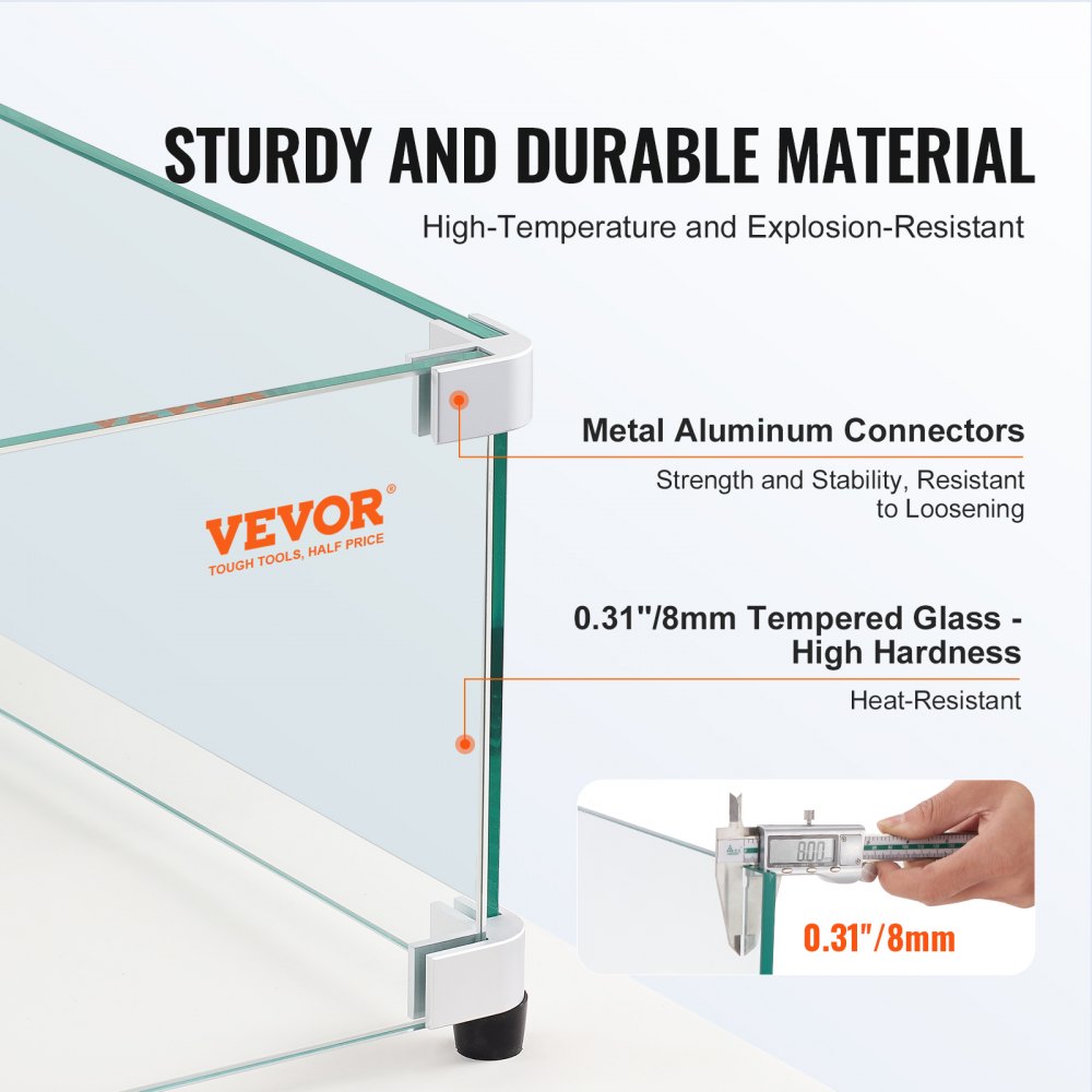 Protector de viento de vidrio VEVOR con conectores de aluminio metálico y vidrio templado de 0,31&quot;/8 mm; resistente y duradero.